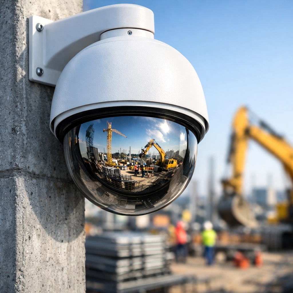 Modern dome CCTV camera mounted on a construction site pillar for 24/7 remote surveillance and monitoring.
