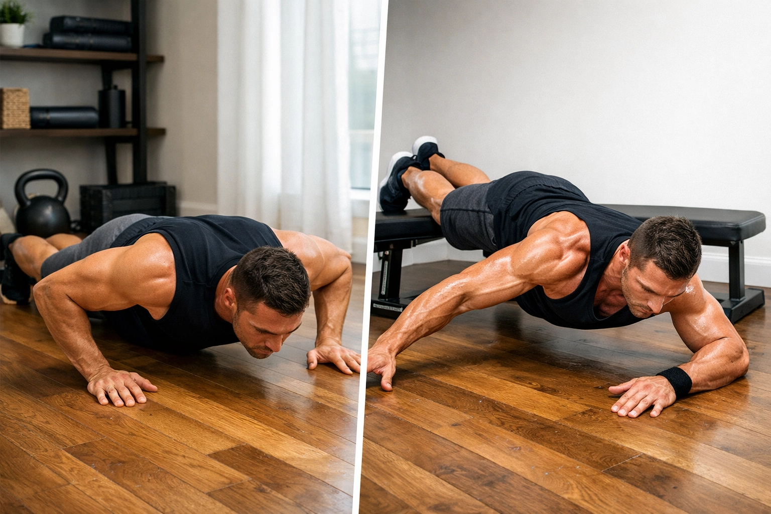 Progressive overload in bodyweight training showing standard pushup versus advanced one-arm archer pushup