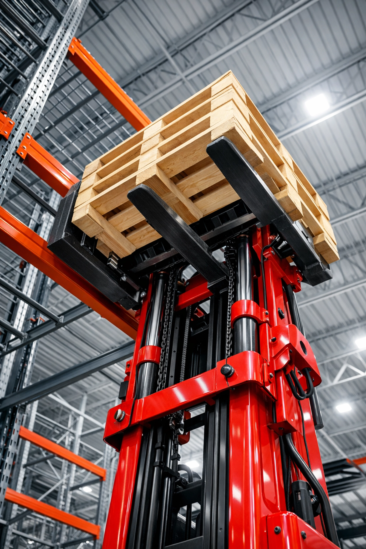 A forklift lifting stock in a modern Hertford storage facility, illustrating efficient pallet storage solutions.