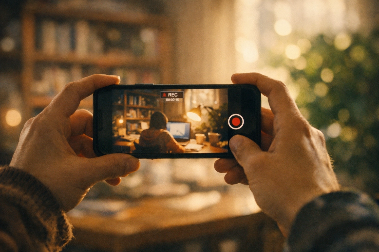 Hands holding a smartphone to record authentic video content, emphasizing quality over high production costs.