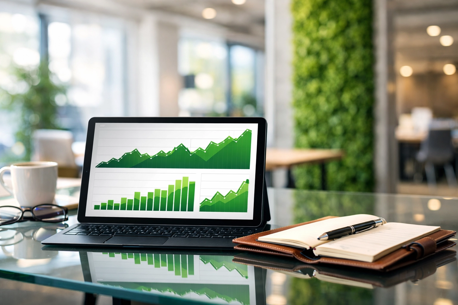Financial forecasting dashboard on a tablet showing positive cash flow trends for a high-growth startup.