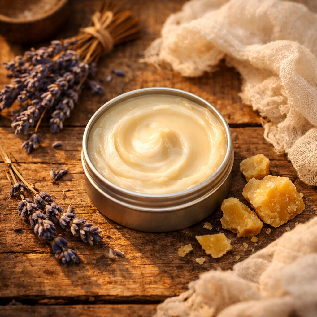 Open tin of grass-fed tallow balm with lavender and beeswax on wooden surface