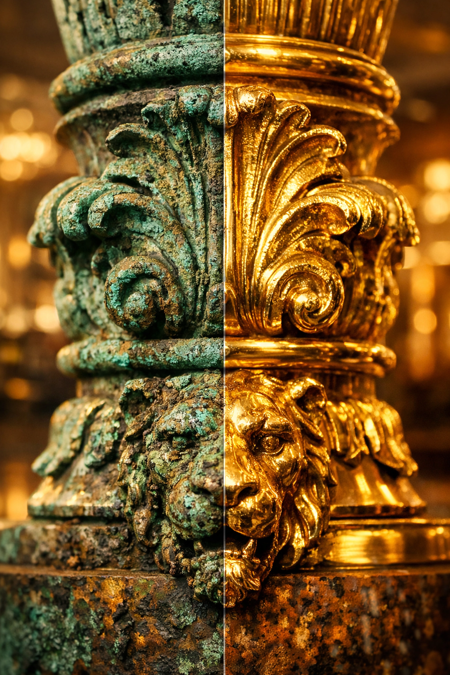 Before and after comparison showing architectural bronze restoration in a commercial building lobby.