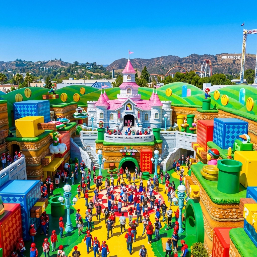 Colorful Mushroom Kingdom and Peach's Castle in Super Nintendo World, one of the best photo spots.
