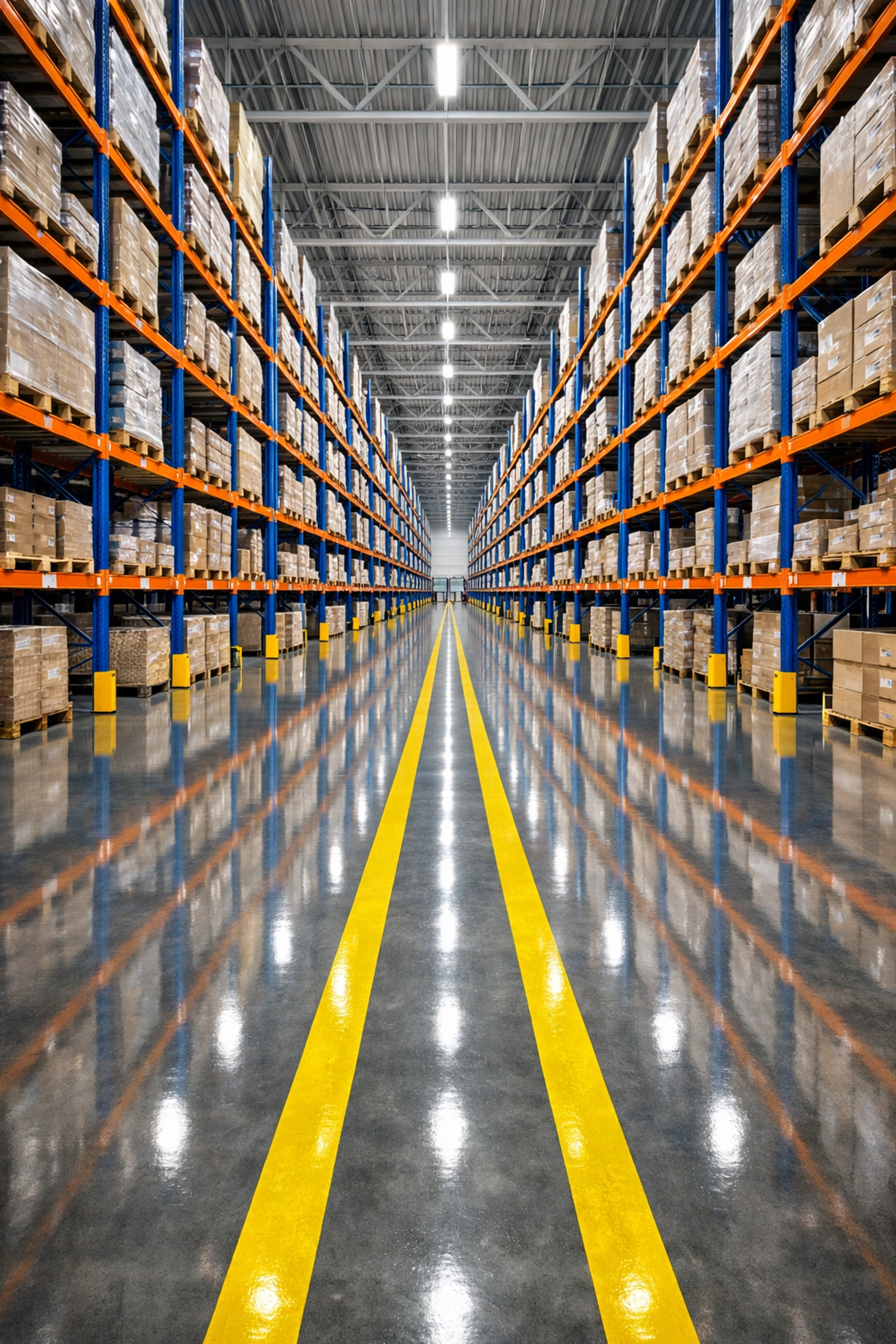 Clean distribution center aisle in Stoughton with polished concrete floors and clear safety lines.