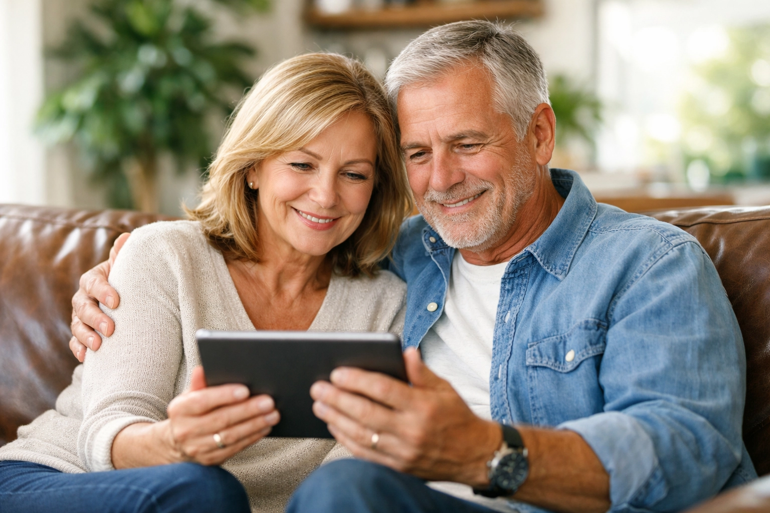 Relieved couple reviewing their Million Dollar Hour Forecast to protect retirement savings from a market crash.