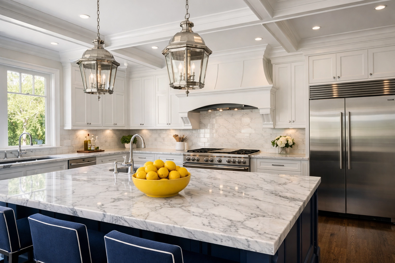 Professionally cleaned high-end kitchen in a luxury Carlisle home with sparkling marble countertops.