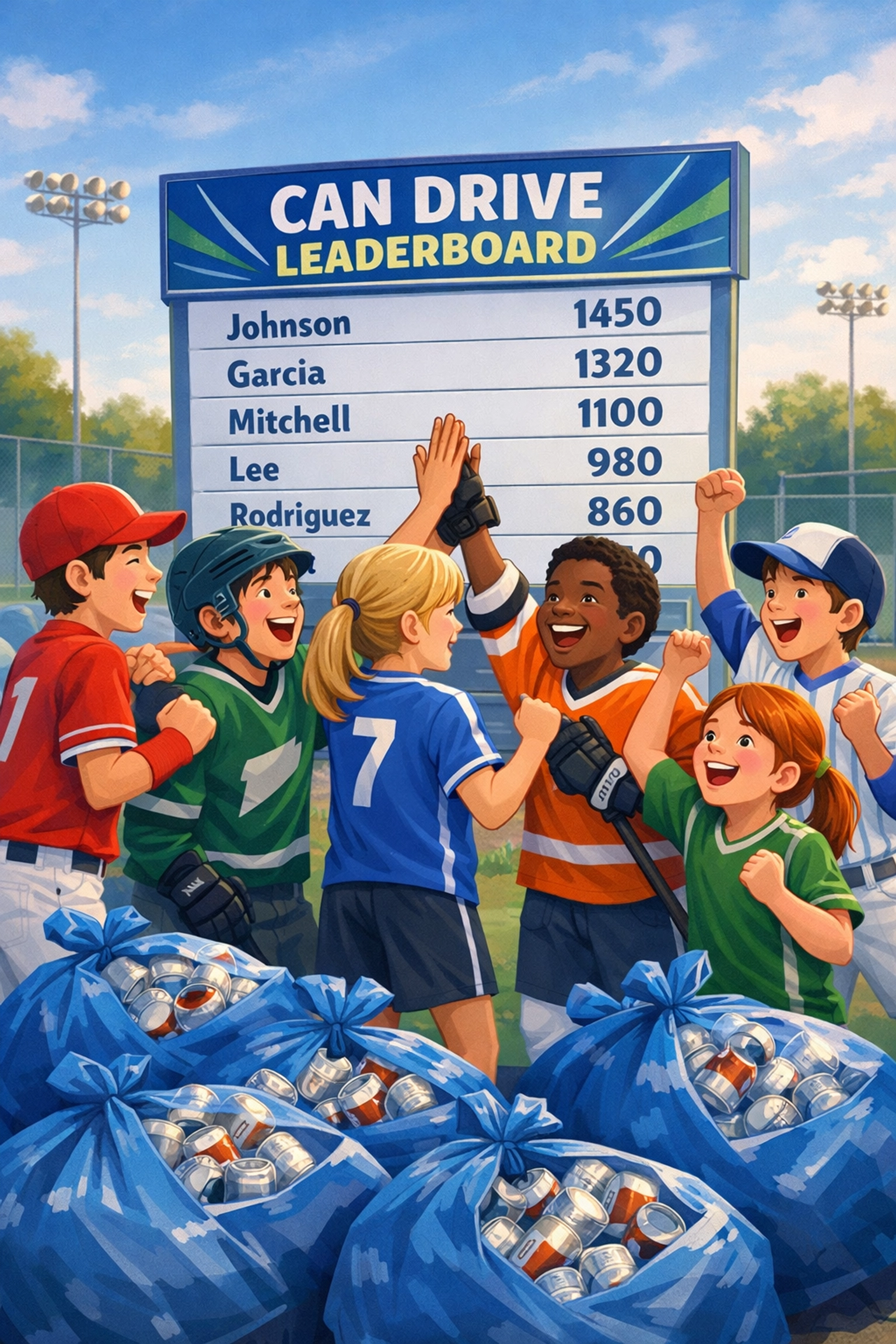Youth sports team celebrating can collection fundraiser with leaderboard and recycling bags