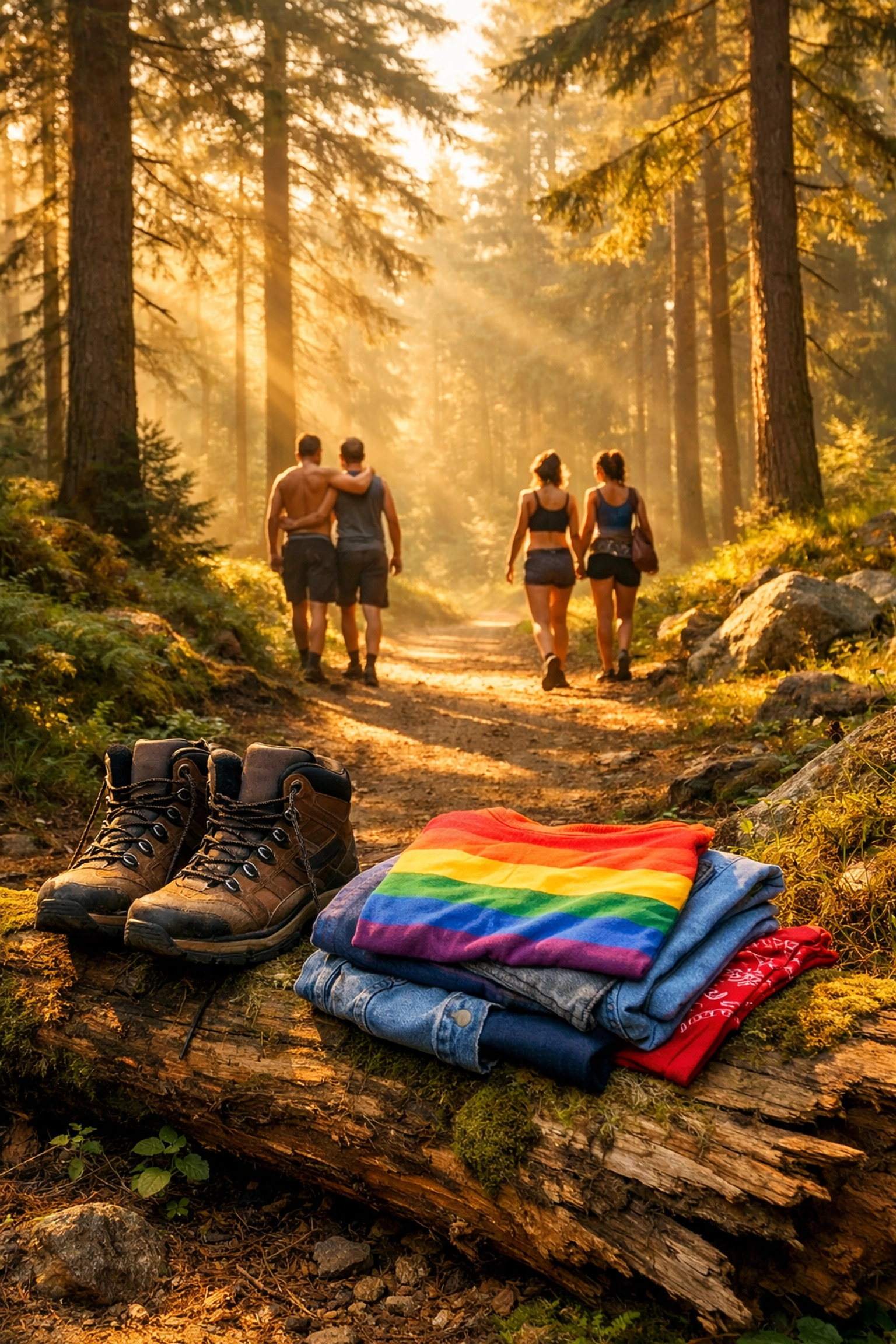 Secluded forest trail with hiking boots and folded clothes on moss-covered log at sunrise