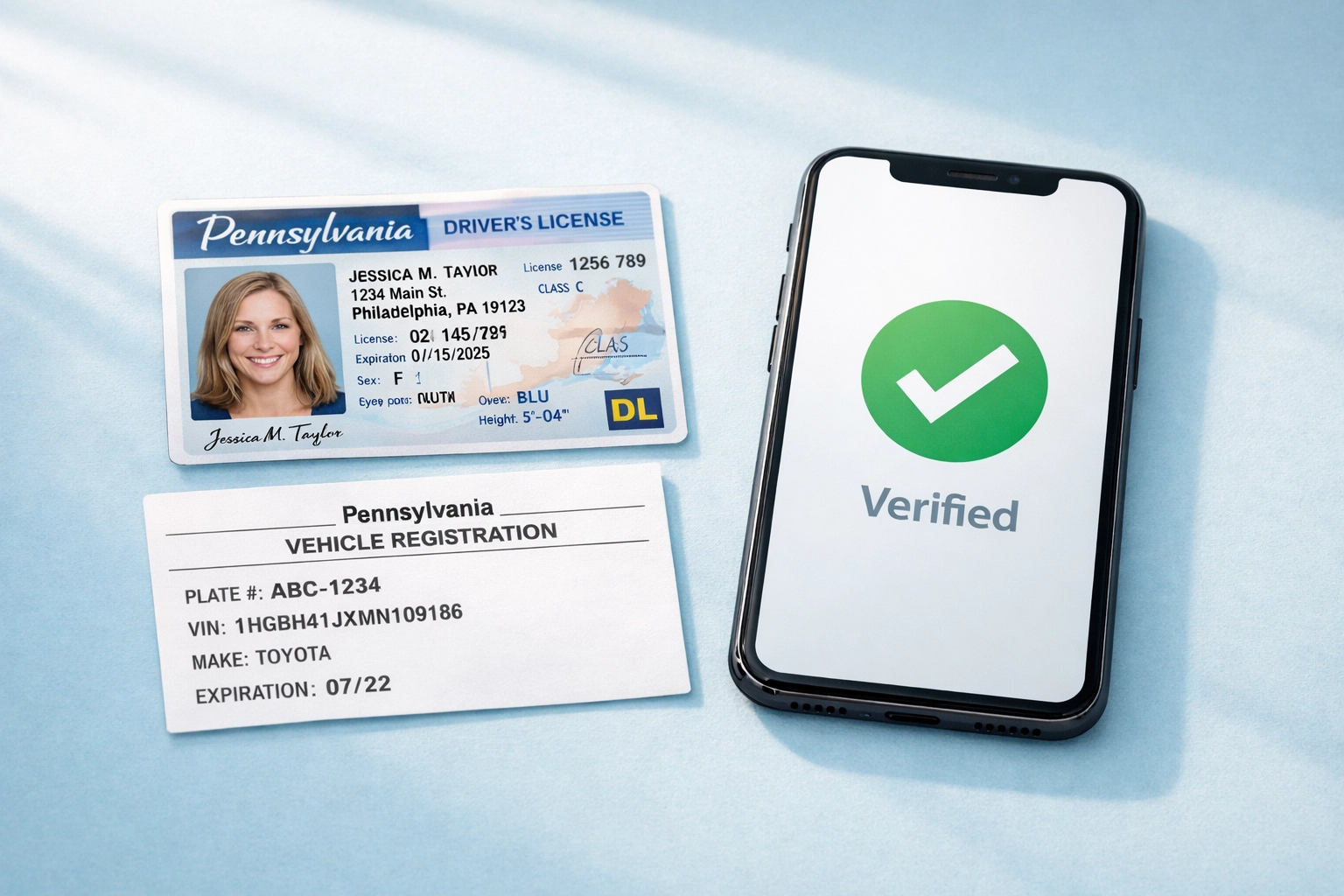 Pennsylvania driver's license and vehicle registration with digital verification on smartphone