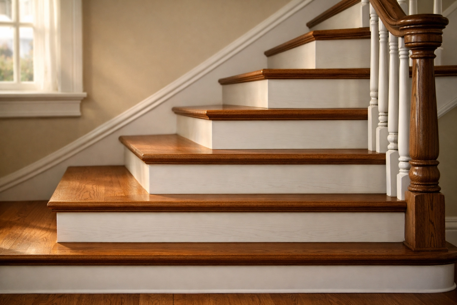 Well-lit wooden staircase showing uniform riser and tread dimensions for fall prevention.