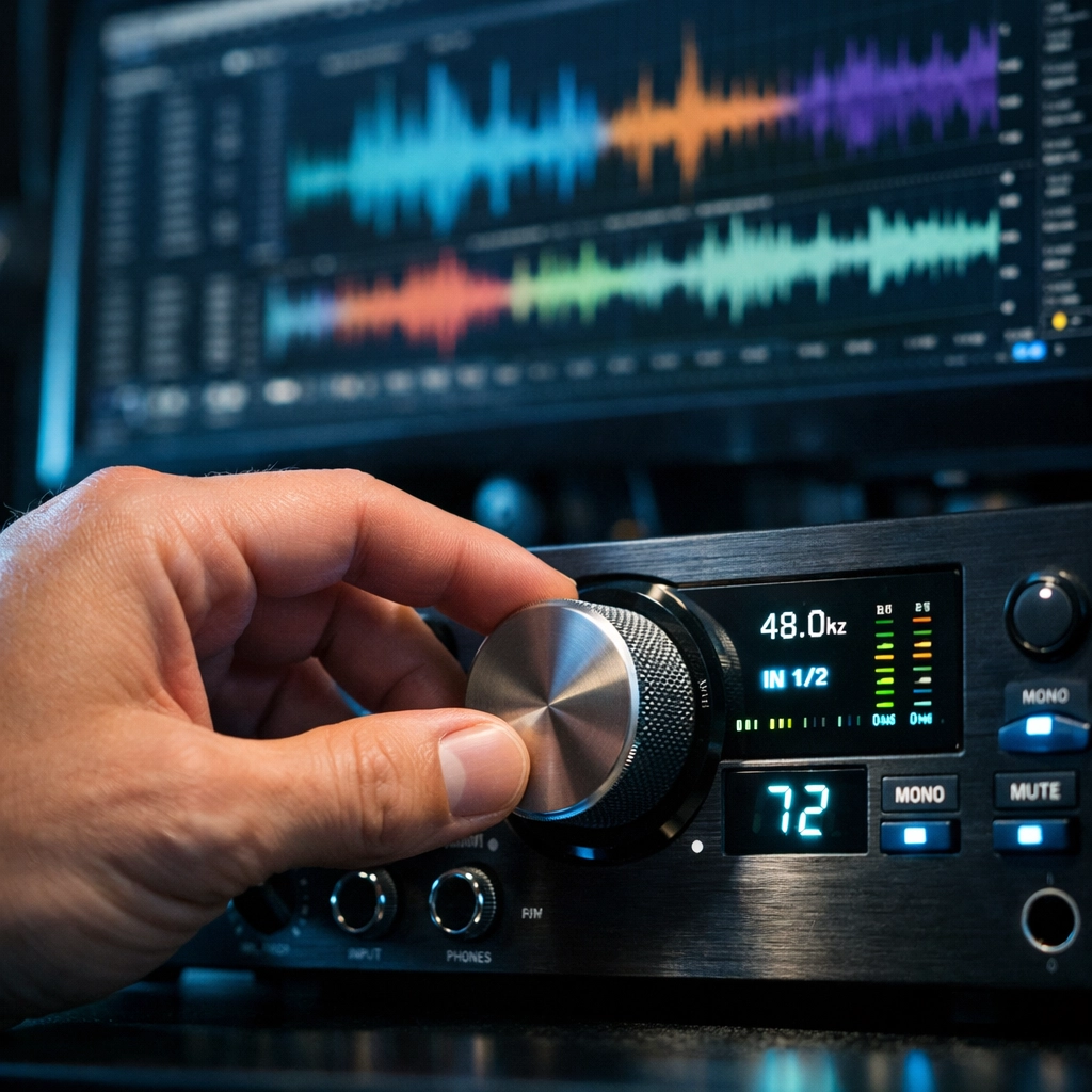 Close-up of a producer mixing a track on an audio interface in a professional home studio.