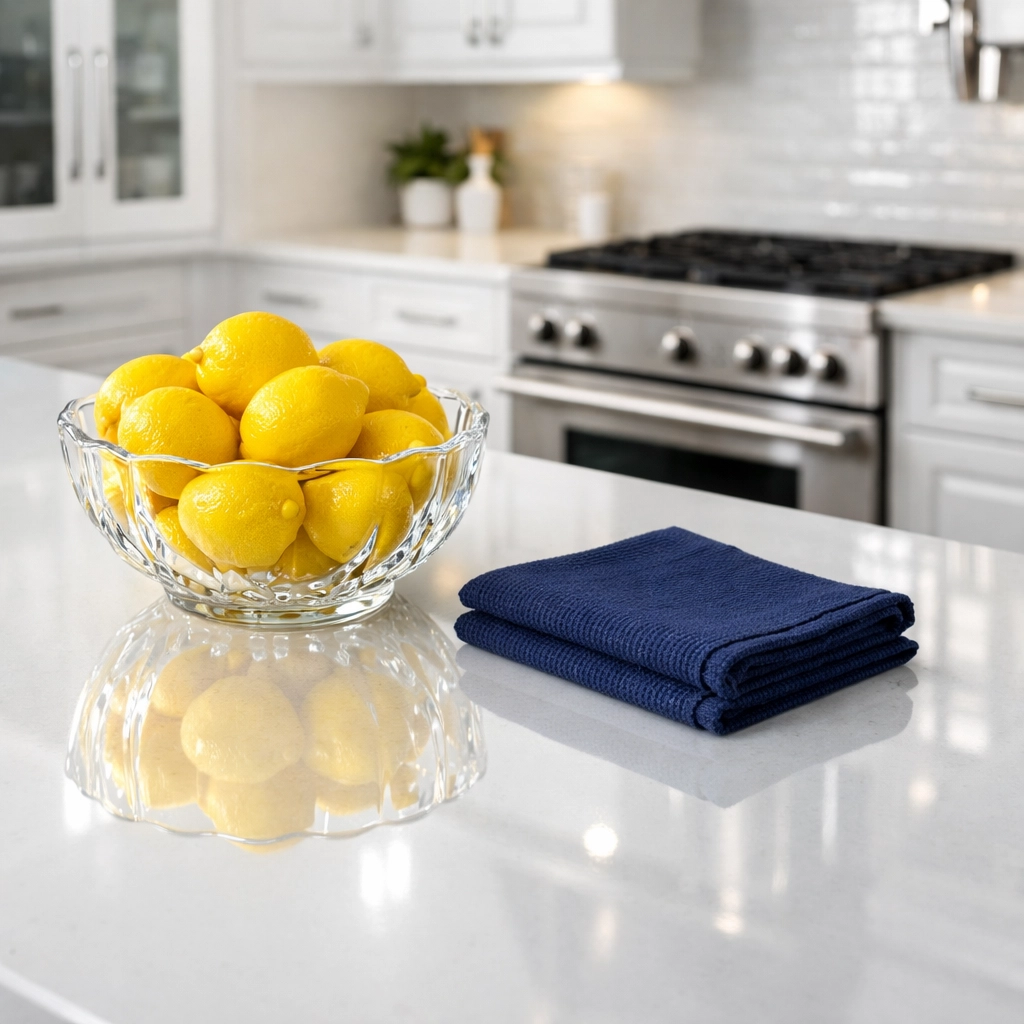 Pristine kitchen island with quartz countertops after a professional weekly house cleaning service.