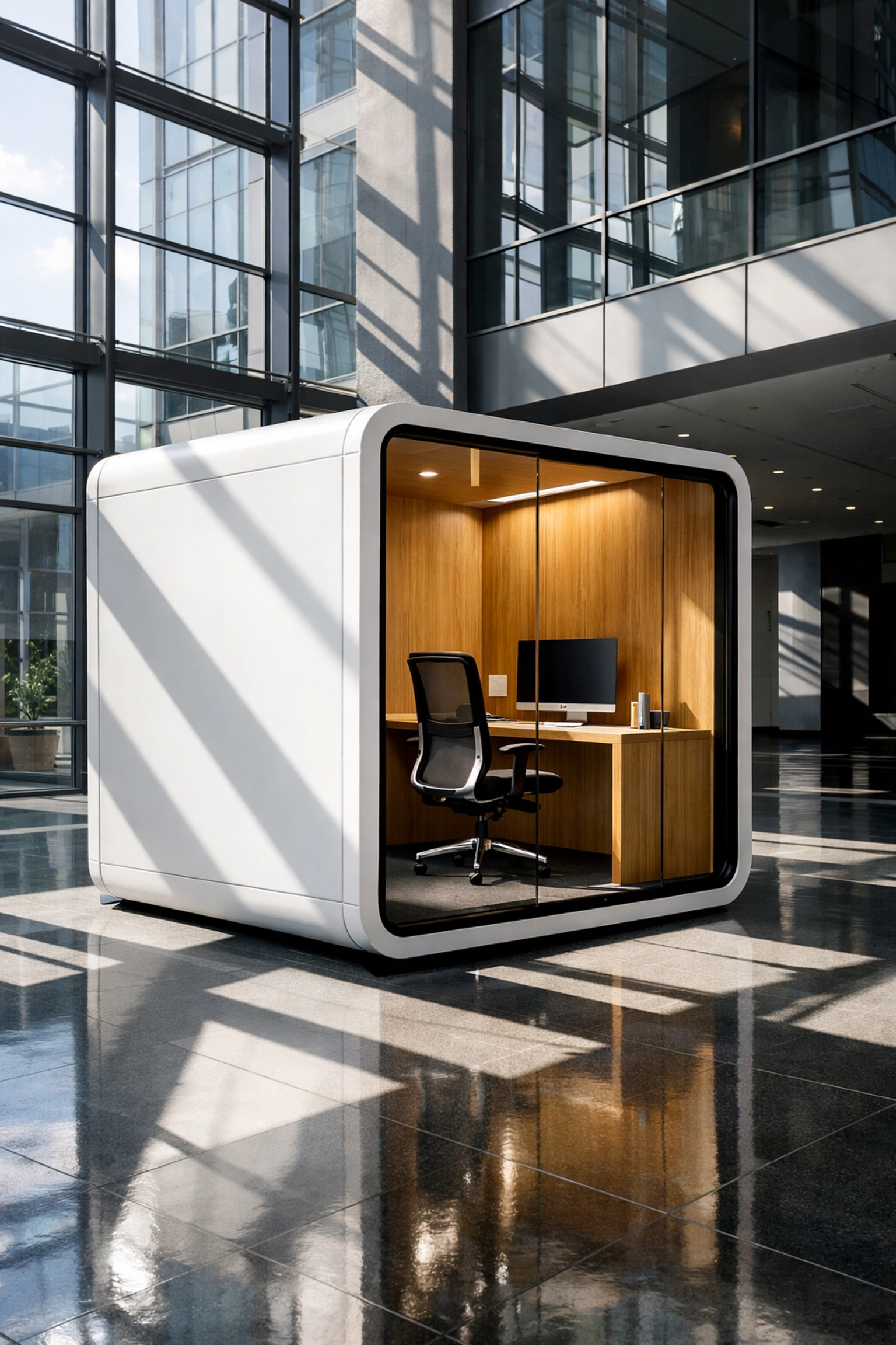 Modern modular work pod in a bright corporate atrium for specialized professional career pathways.