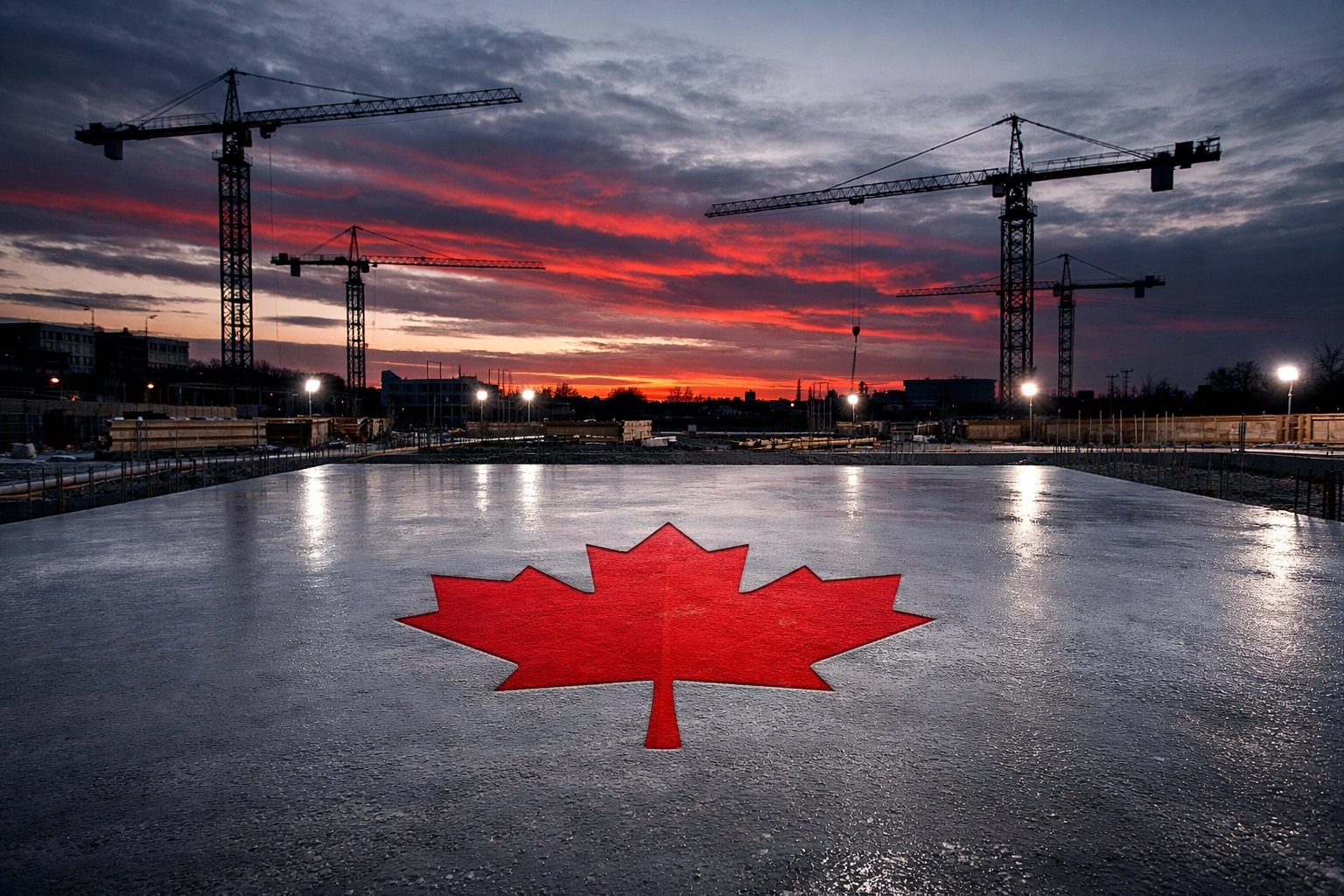 Red maple leaf in a solid concrete foundation at a construction site, symbolizing a path to fiscal stability.