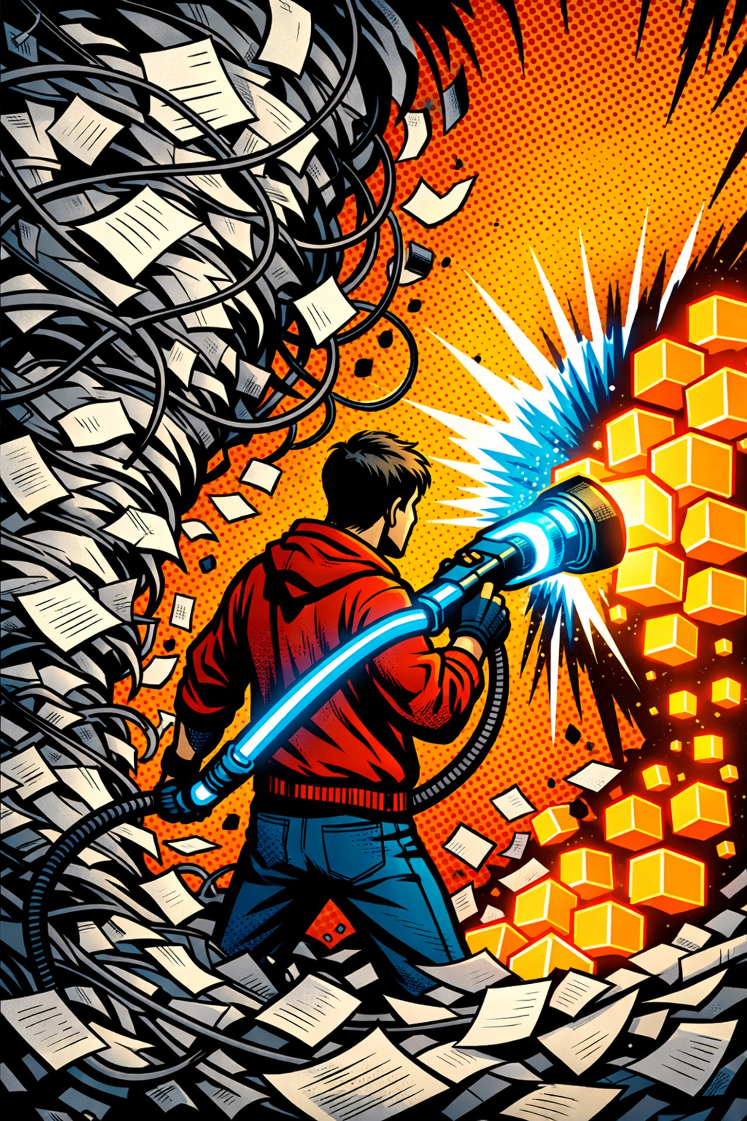 Comic book art of a person using business automation tools to organize messy data into neat cubes.