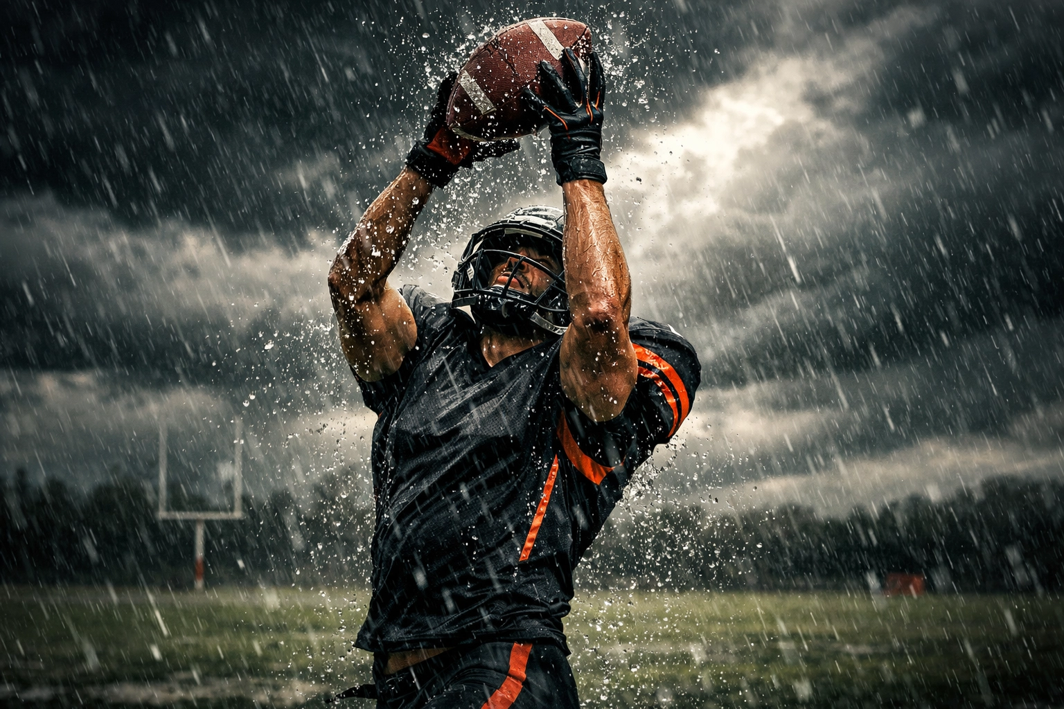Football receiver catching wet football in heavy rain during environmental training conditions