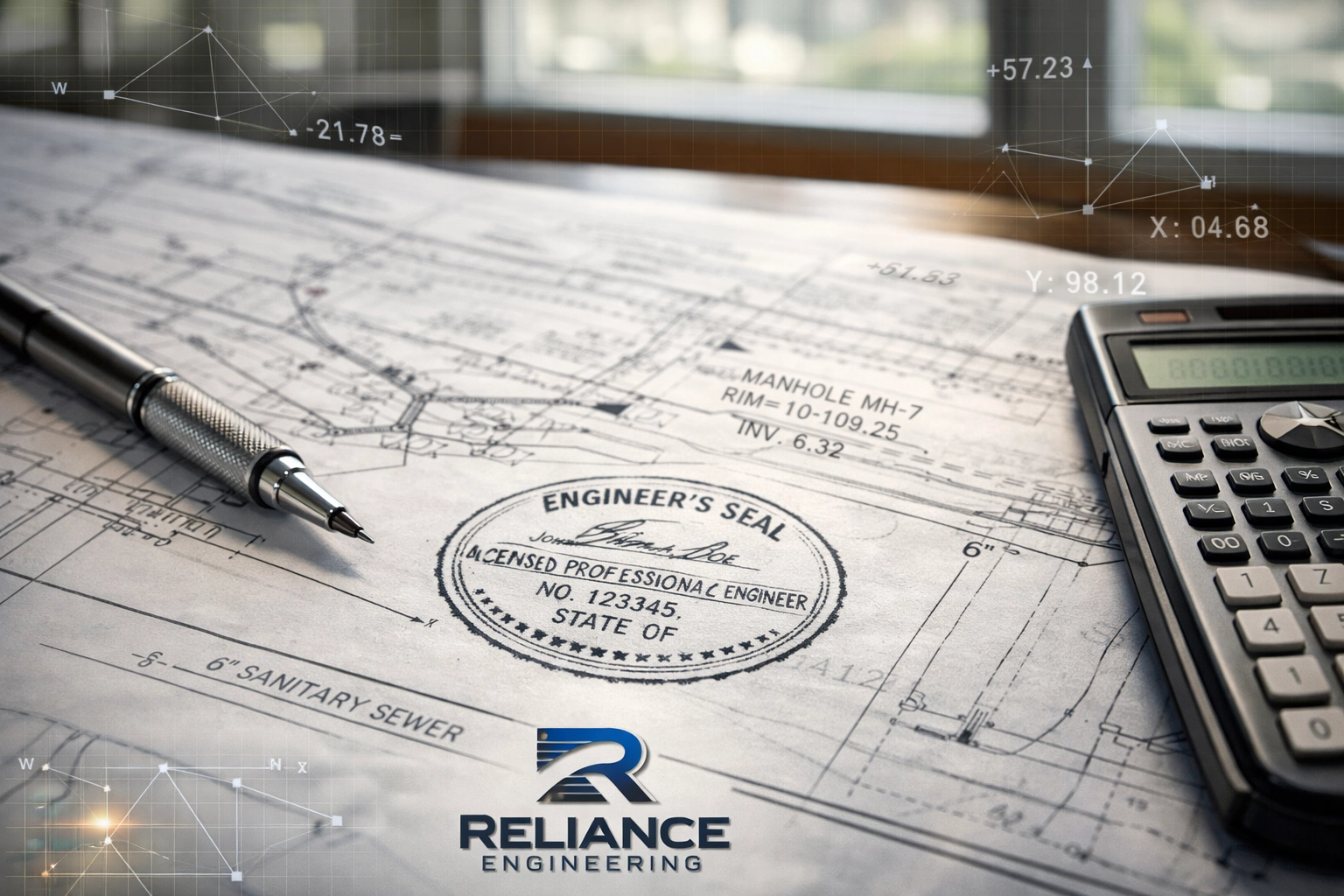 Detailed site servicing blueprints with a professional engineer's seal for municipal permit approval in Ontario.