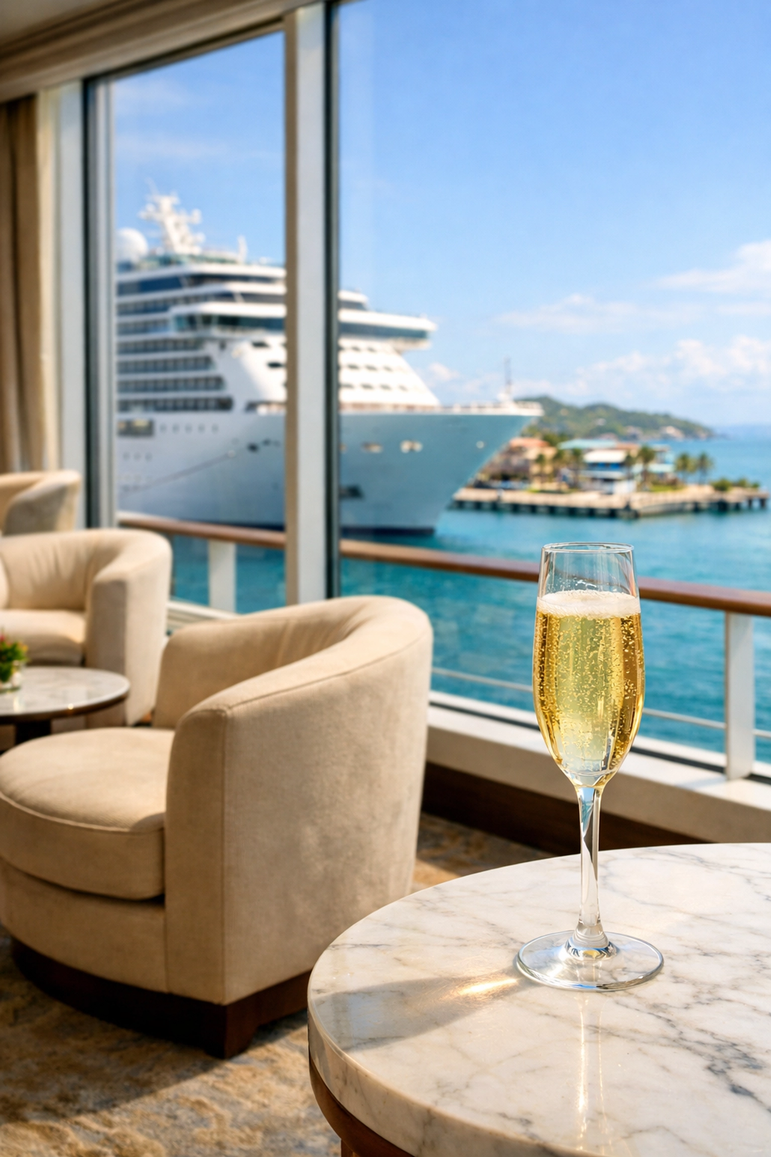 Exclusive luxury cruise ship lounge with prosecco and ocean views for suite guests.