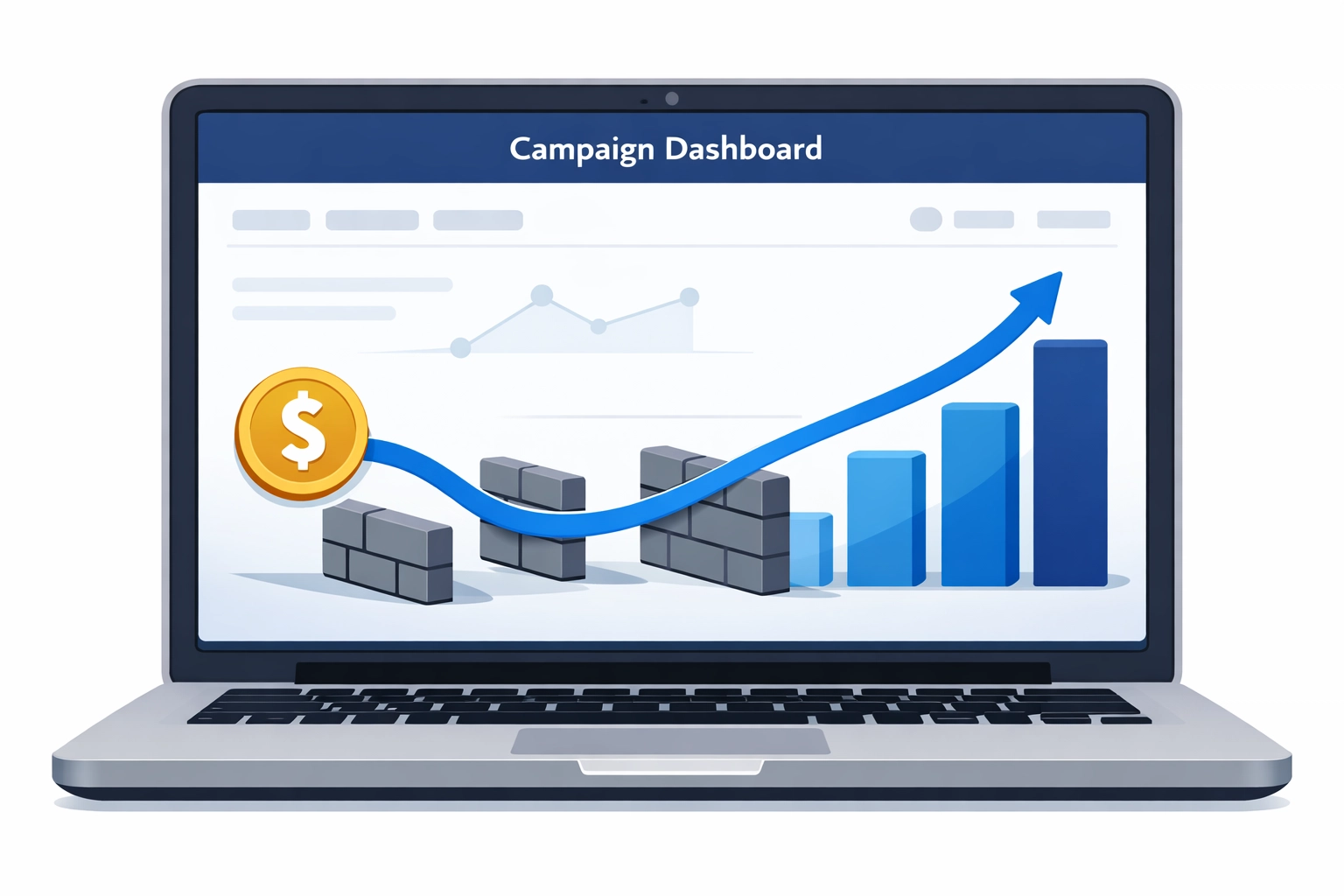 Vector illustration of a political campaign dashboard showing ad budget efficiency and direct spending paths.