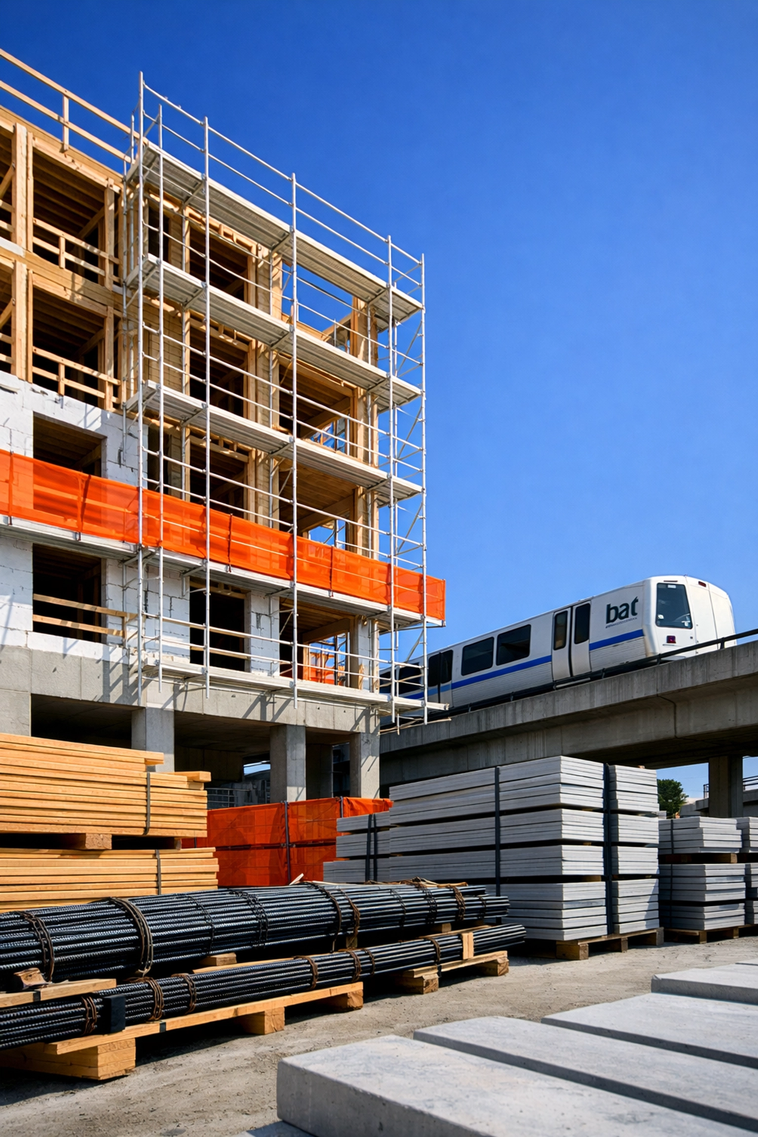 Bay Area infill housing construction site with BART transit showing active development progress