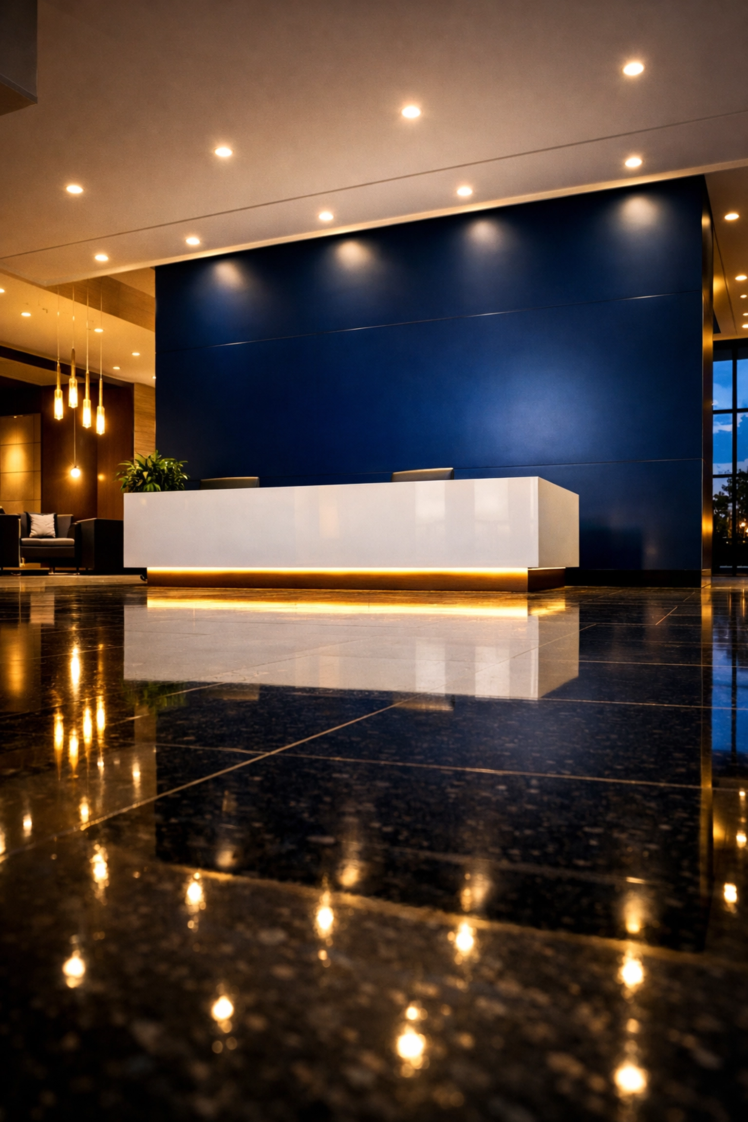 Pristine corporate lobby in Newton with polished stone floors after professional janitorial services.