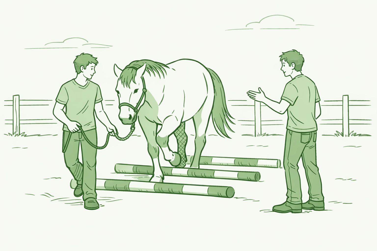 Two young men guiding horse through ground exercises in equine-assisted therapy program