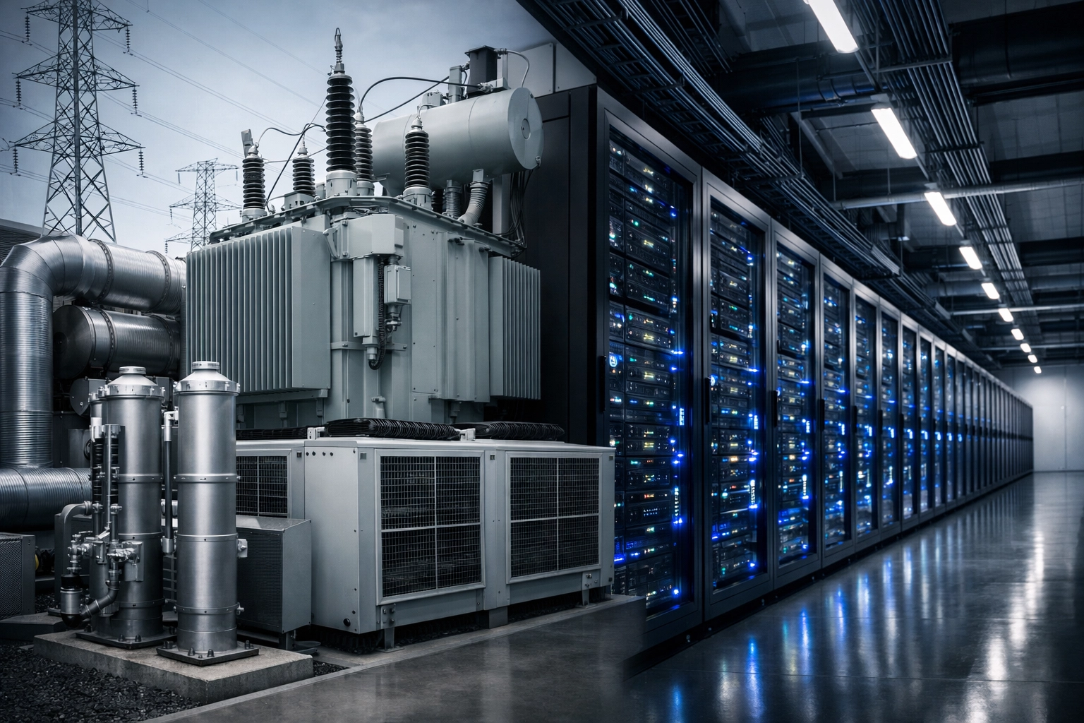 Energy infrastructure and data center server systems representing the intersection of tech and heavy construction.