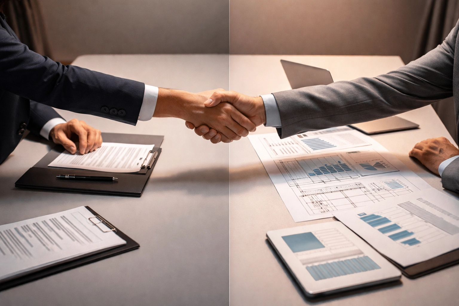 Business professionals shaking hands at a conference table, illustrating differences between sponsorship and partnership deals