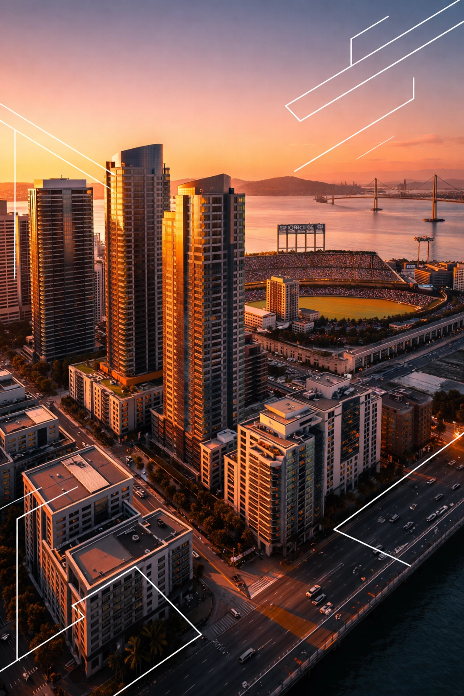 Aerial view of South Beach San Francisco at sunset, showcasing high-rise residential towers near Oracle Park and the bay, illustrating the area's vibrant real estate development.