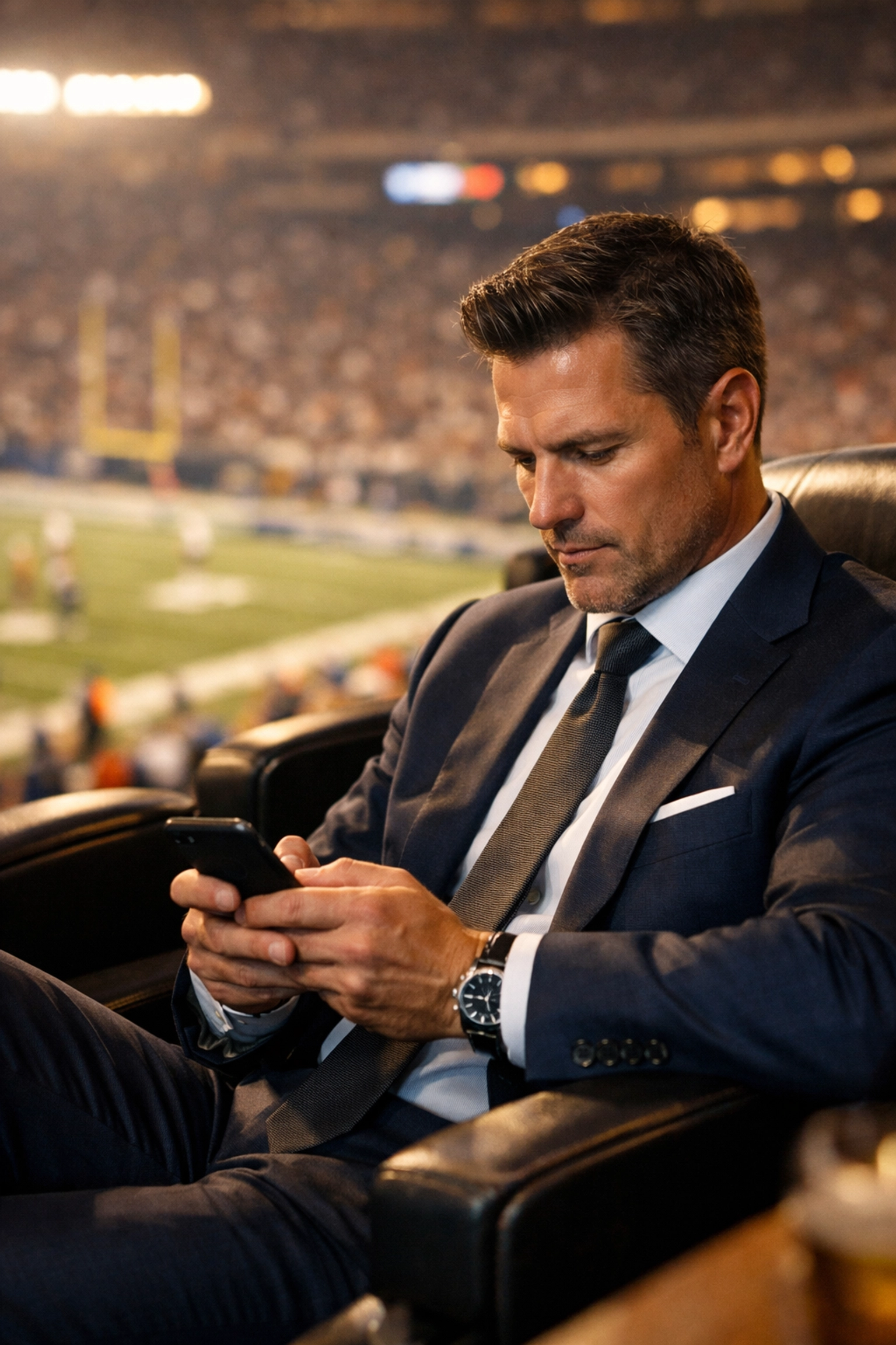 NEWSLETTER: The Proven Framework for Super Bowl Executive Networking: Turn 4 Hours Into 6 Months of Business Opportunities Executive securing business commitments via smartphone at Super Bowl during game