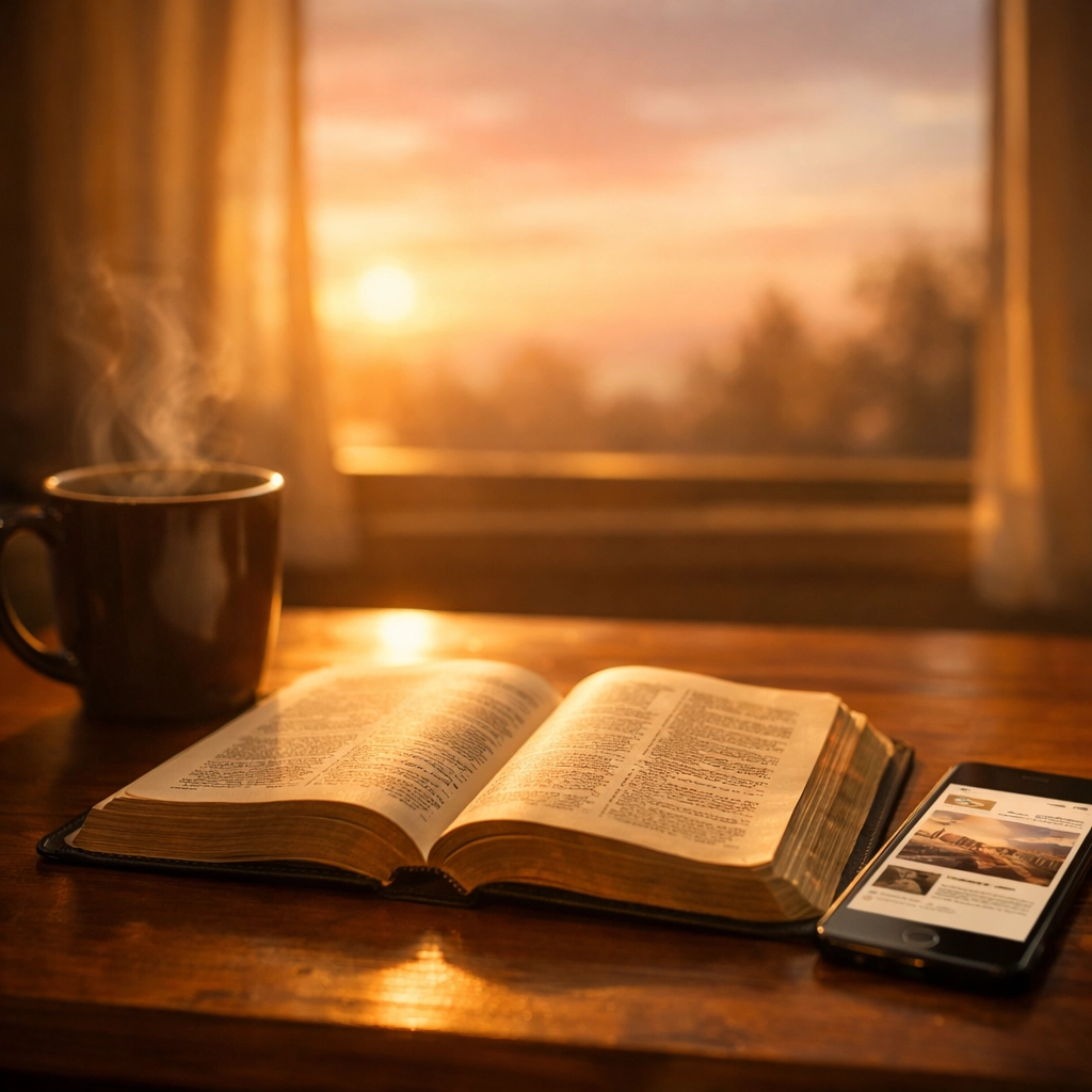 Early morning Bible study with coffee and news app on peaceful desk at sunrise