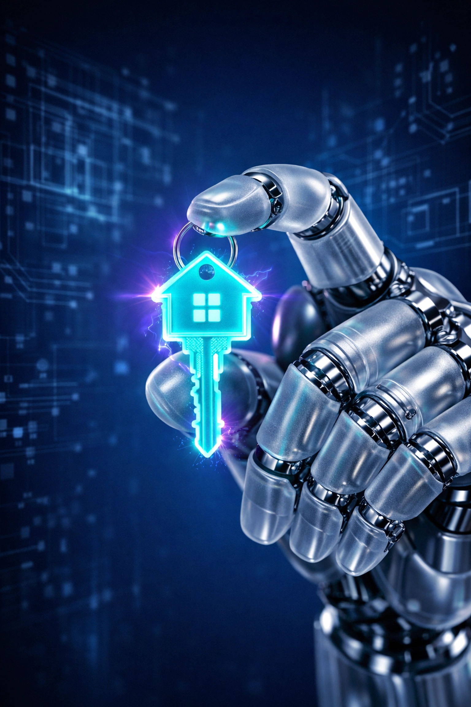 Digital hand holding a house key symbolizing an AI transaction coordinator for real estate workflow automation.