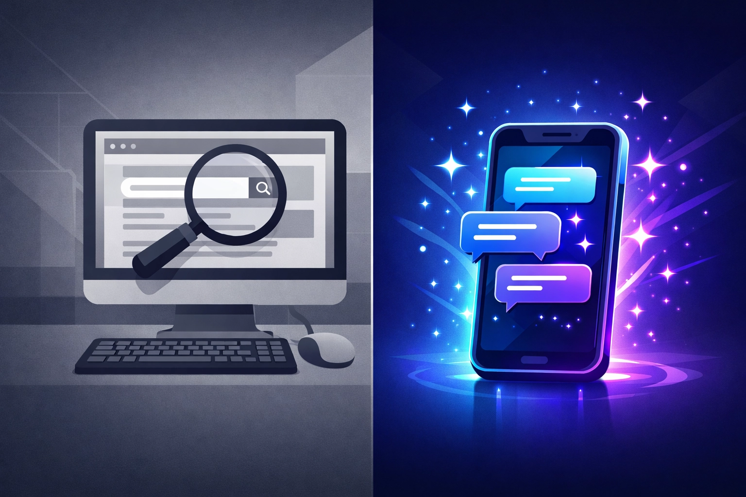 Traditional search vs AI-powered search showing shift to ChatGPT and Google AI Overviews