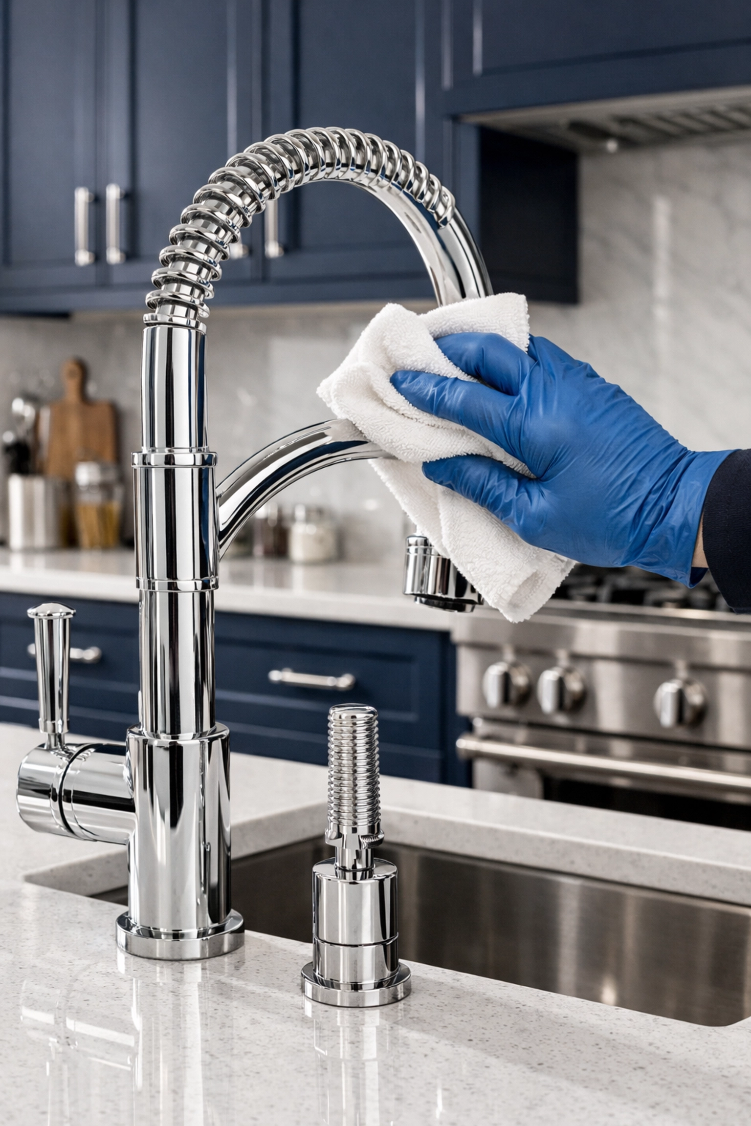 Detail-oriented luxury house cleaning in Hingham focusing on polishing designer kitchen fixtures.