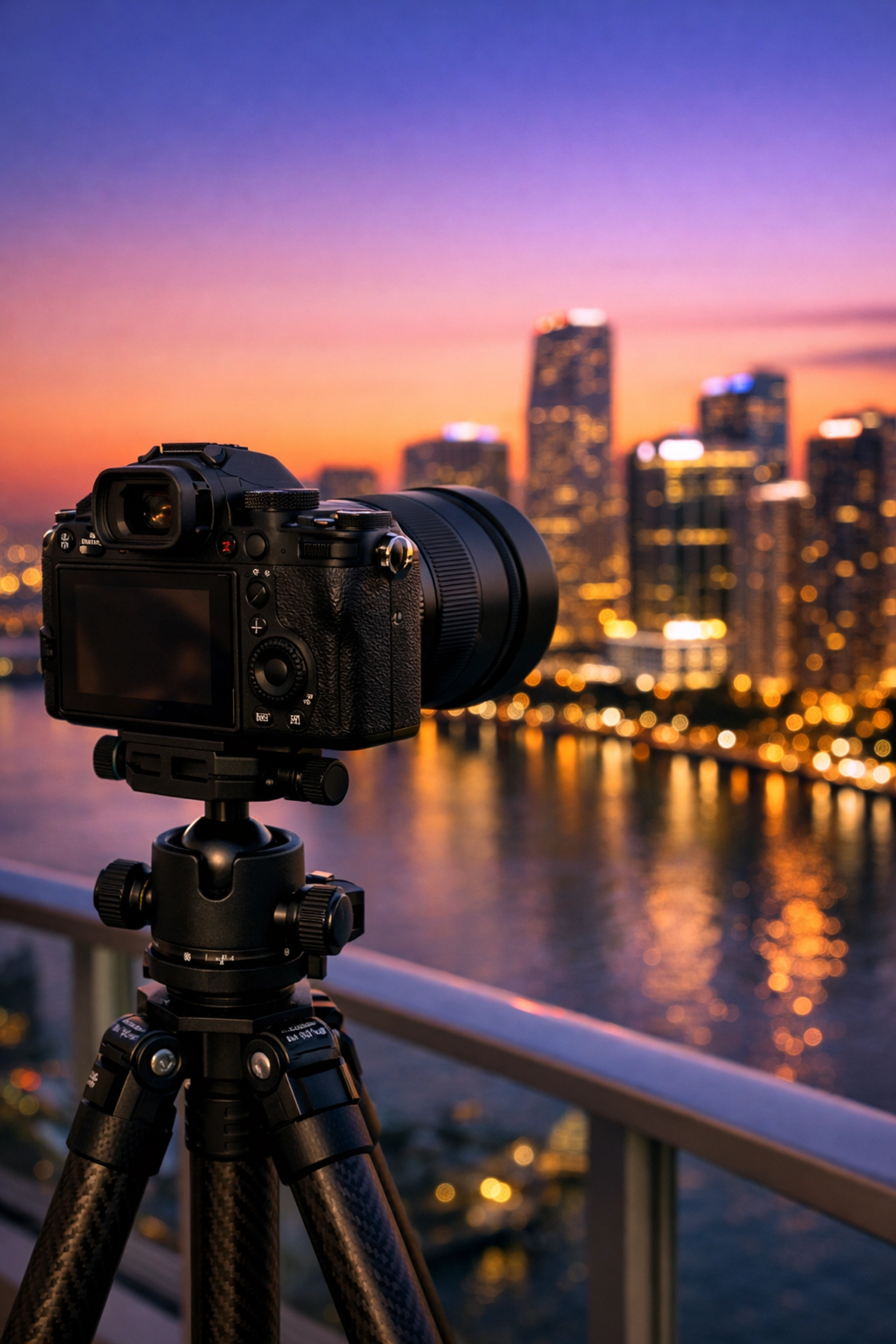 Professional camera setup capturing the Brickell Miami skyline for commercial photography and fine art.