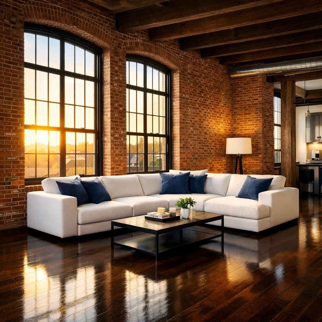 Professionally deep cleaned Lowell loft apartment with spotless brick walls and polished hardwood floors.