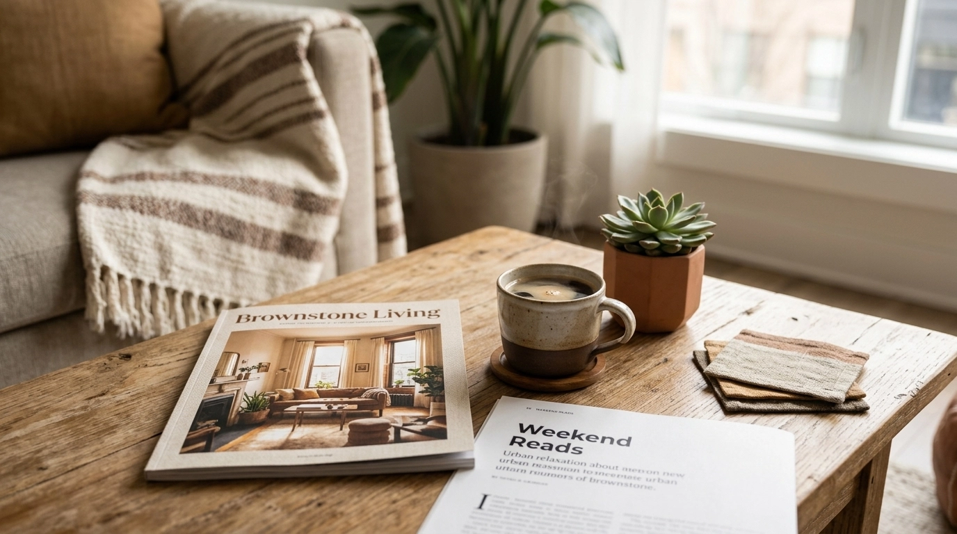 A copy of Brownstone Living Magazine on a coffee table with a cup of coffee