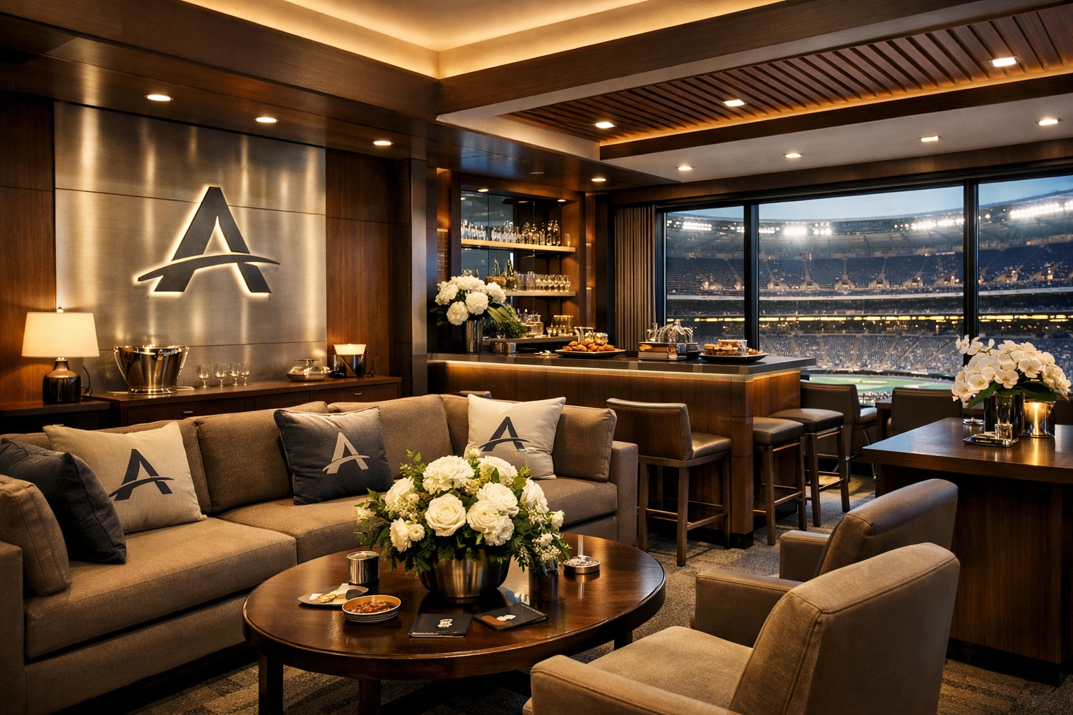 Branded hospitality suite with luxury amenities for Super Bowl corporate guests