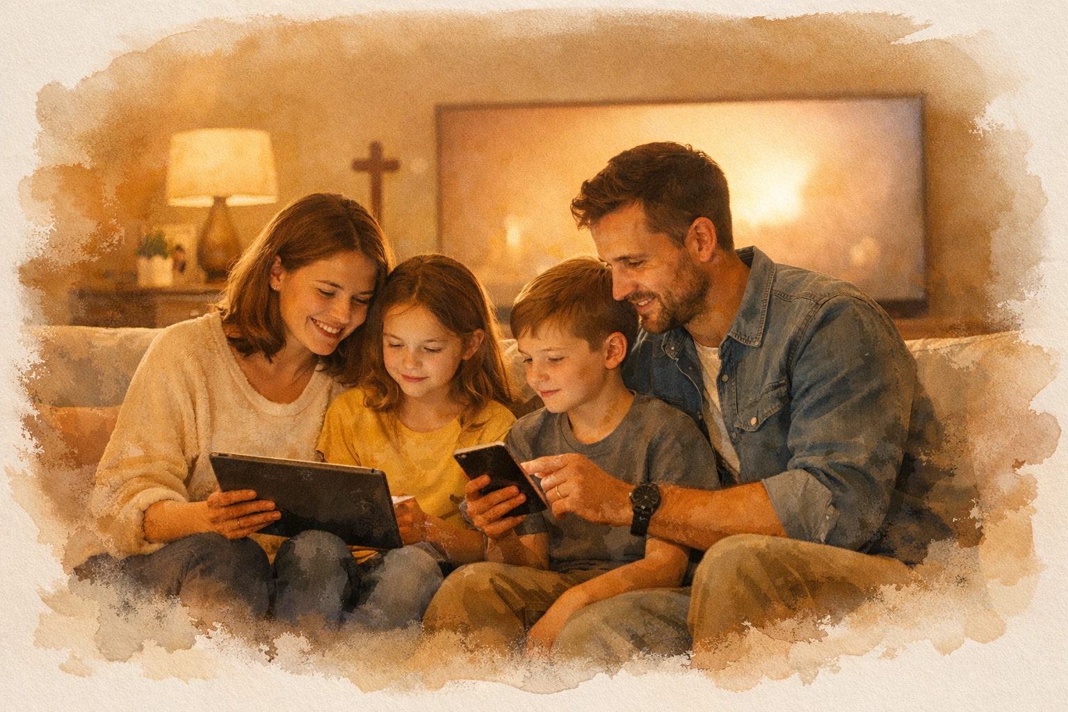 Christian family researching family-friendly movies together before movie night in cozy living room