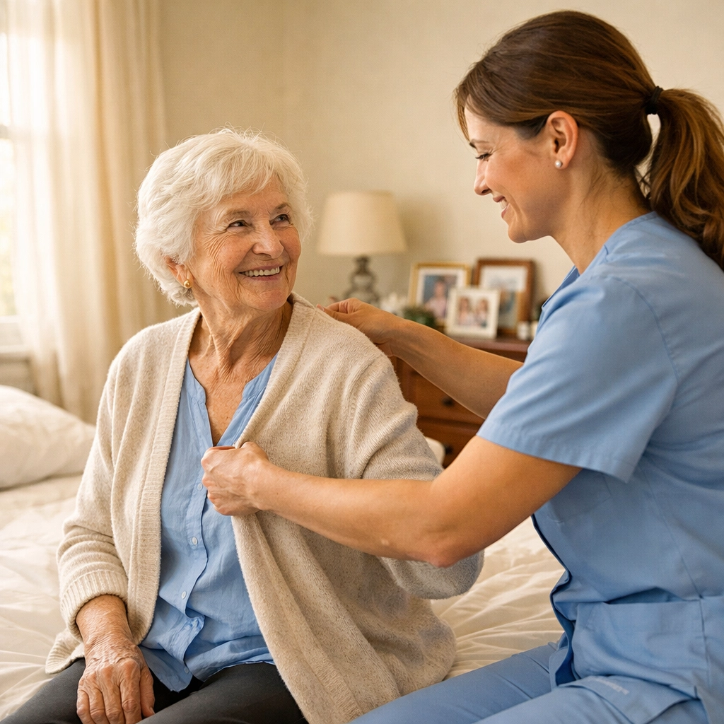 Healthcare assistant helping elderly woman with dressing and personal care in sunlit bedroom