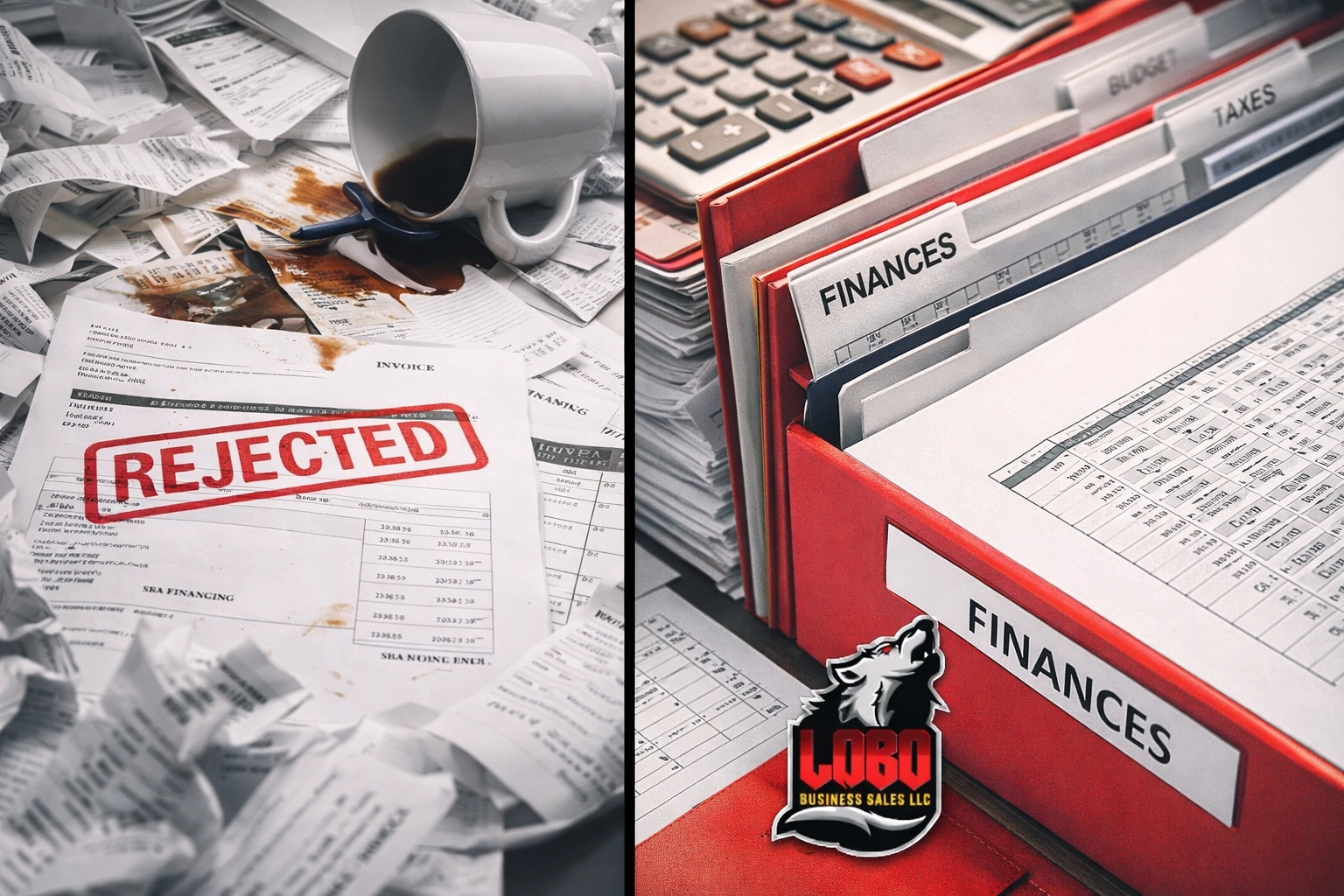 Messy receipts vs clean financial records—SBA risk rejected stamp