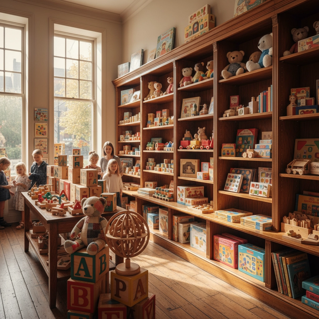 Interior of Happy Hippo Toys, showcasing shelves filled with classic and educational toys.