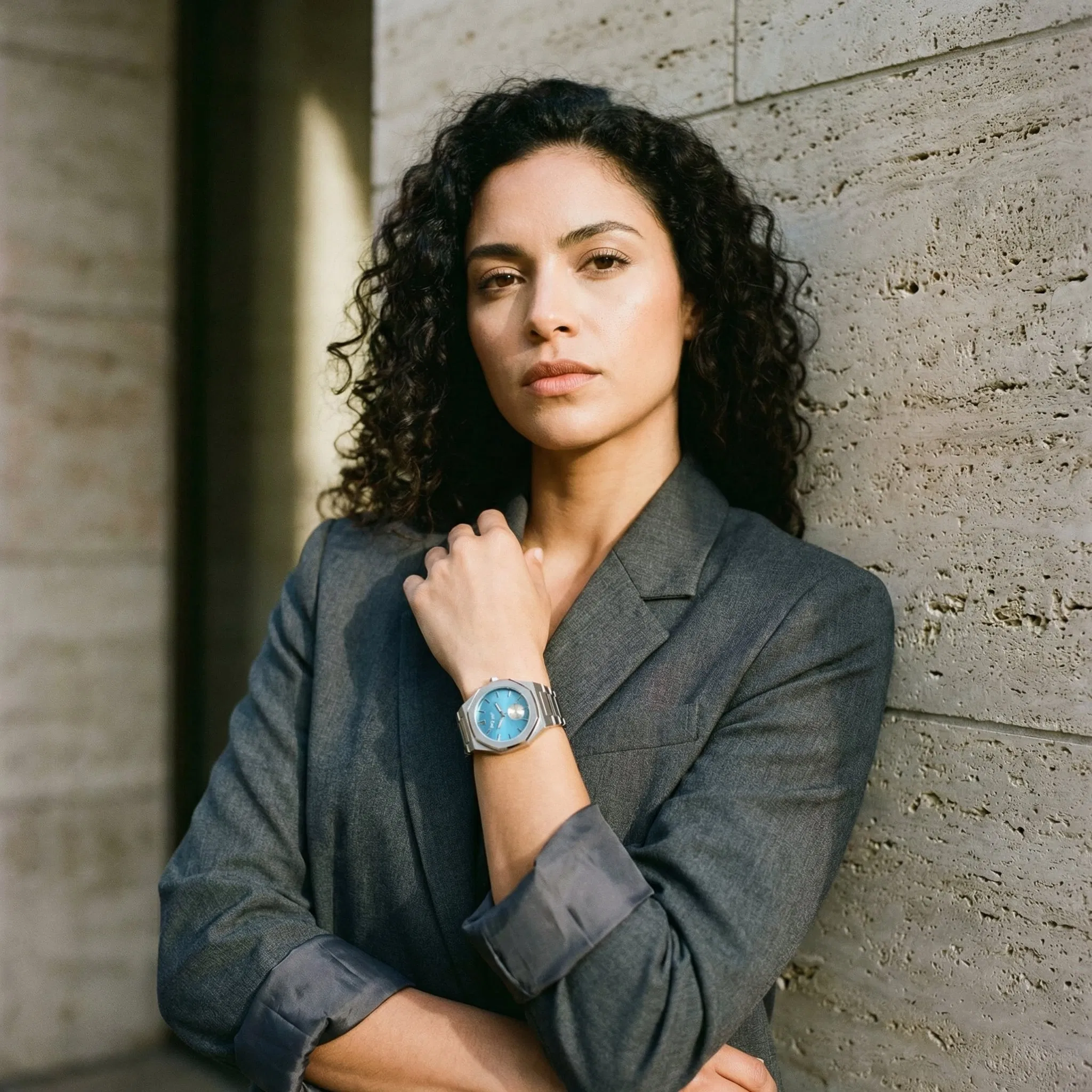 woman-charcoal-blazer-blue-dial-watch-steel-blue-edition.webp