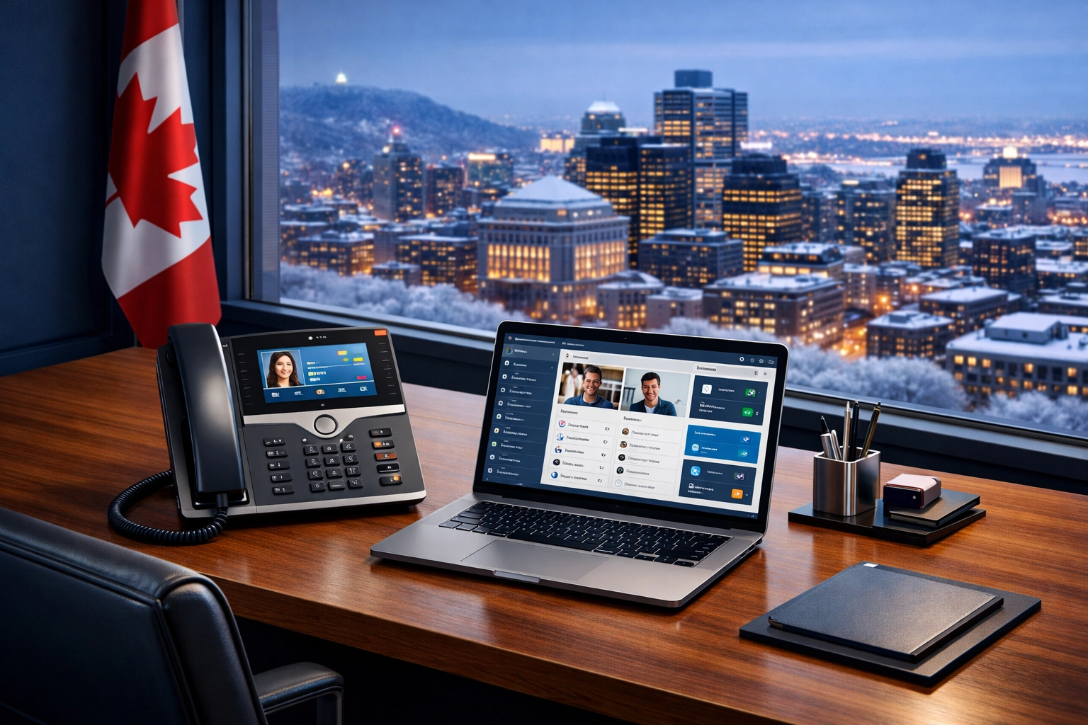 Premium business IP phone and laptop dashboard in a modern Canadian enterprise office.
