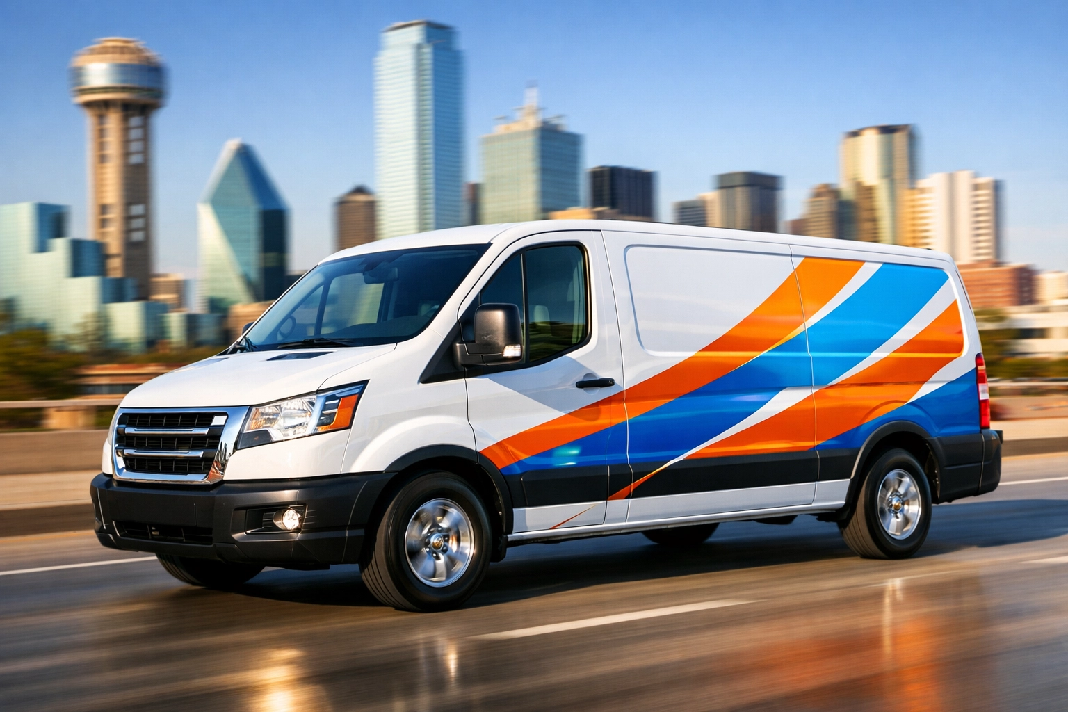 Modern white work van with a partial vinyl wrap driving through downtown Dallas.