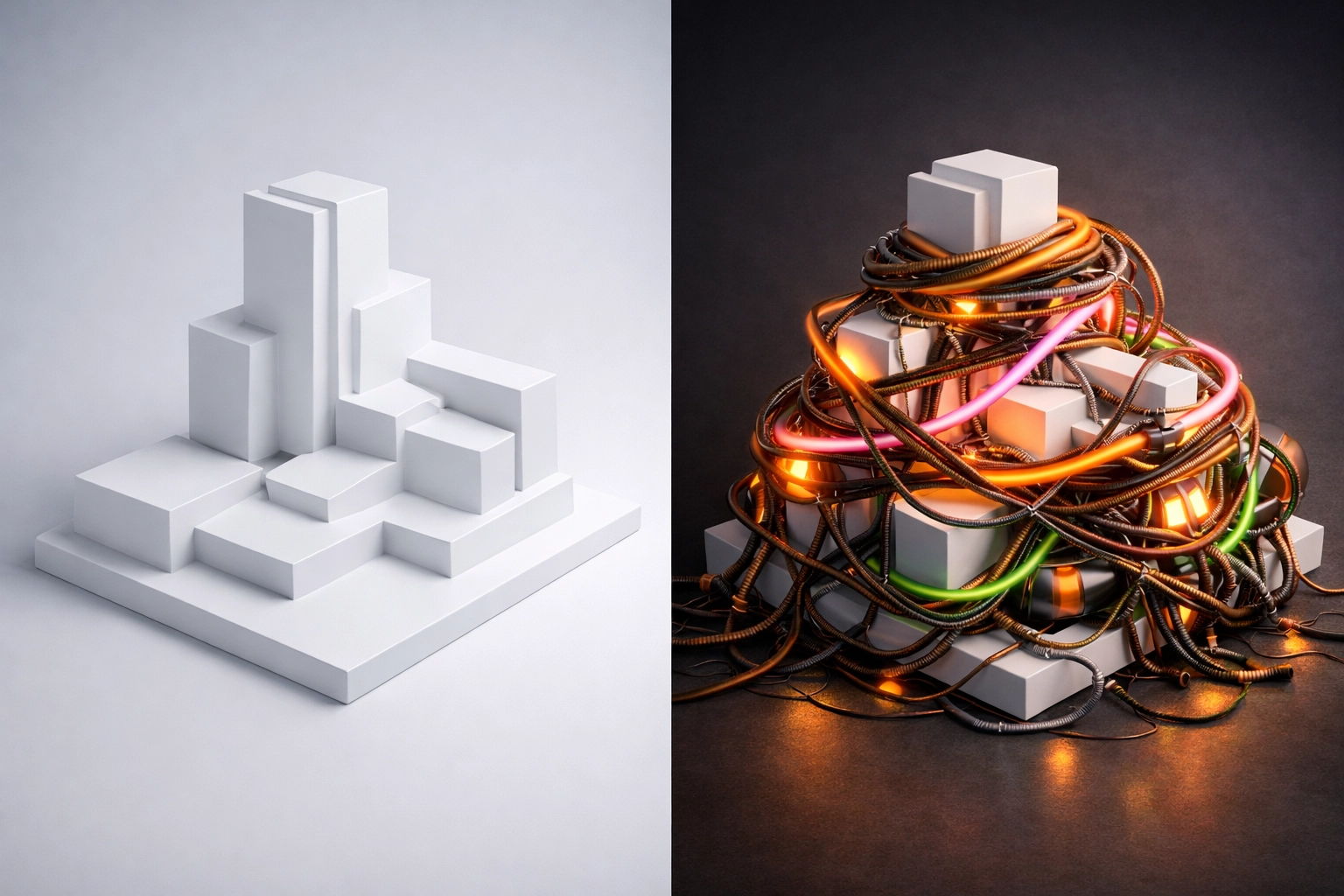 A comparison of clean website structure versus complex technical debt and excessive JavaScript code bloat.