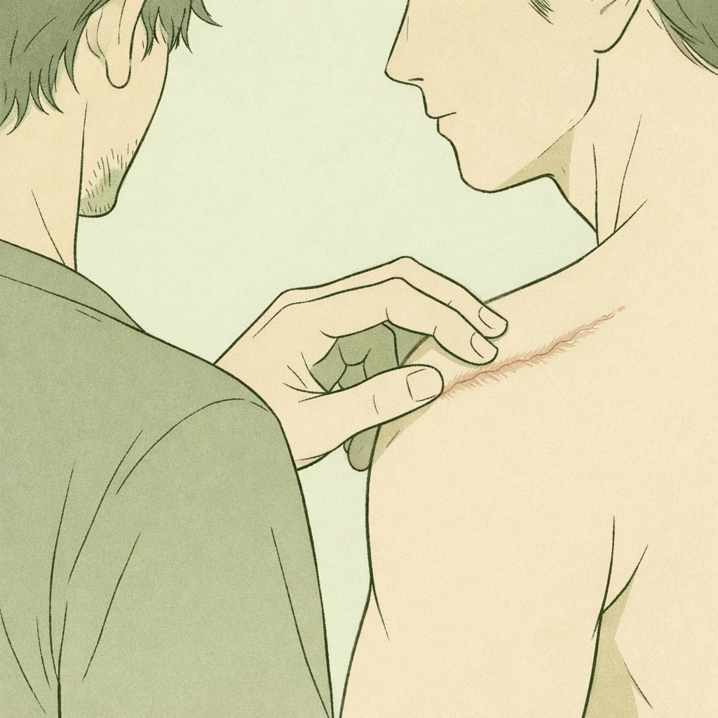 A tender touch on a partner's scar illustrating healing and resilience in this gay love story.