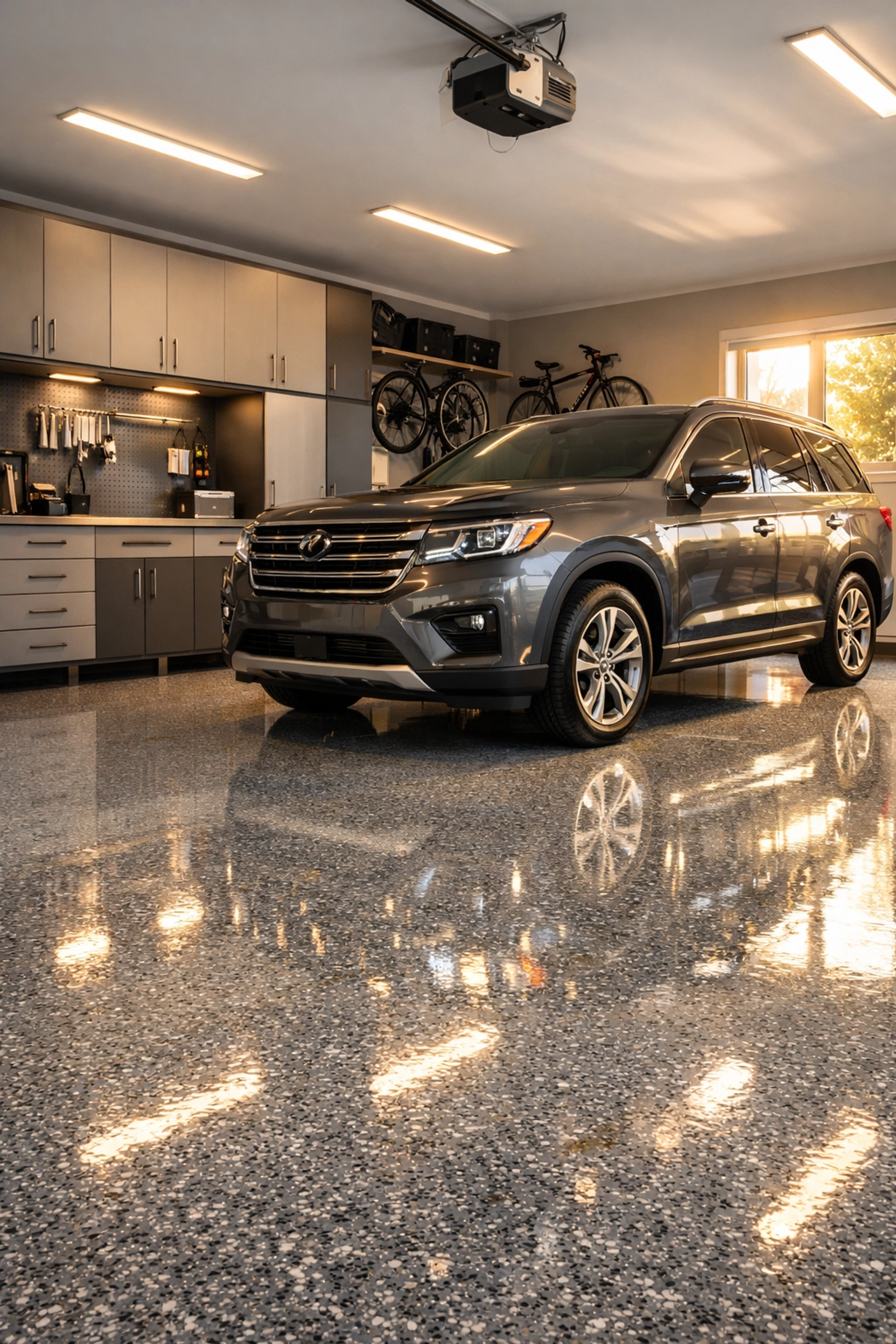 A shiny, professional flake garage floor in Ridgeland ready for vehicle traffic in just 24 hours.