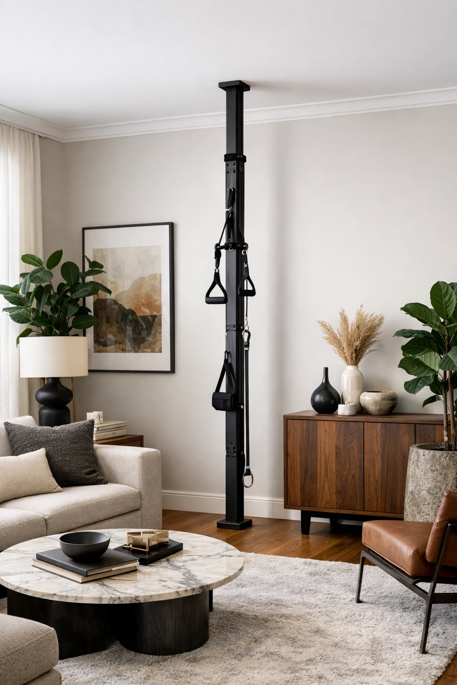 Modern living room featuring a no wall damage workout system with a sleek black resistance rail.